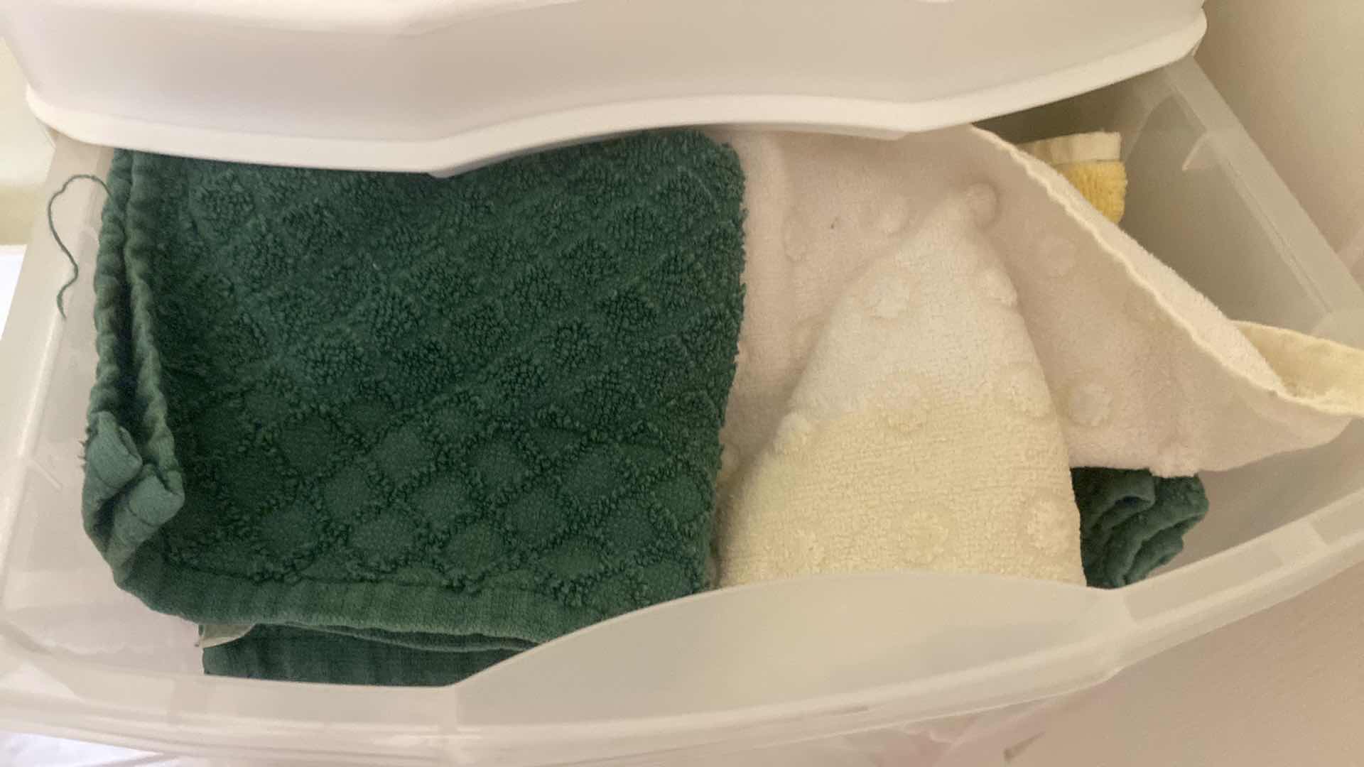 Photo 1 of PAIR OF PLASTIC STORAGE WITH THREE DRAWERS OF HAND TOWELS & WASHCLOTHS