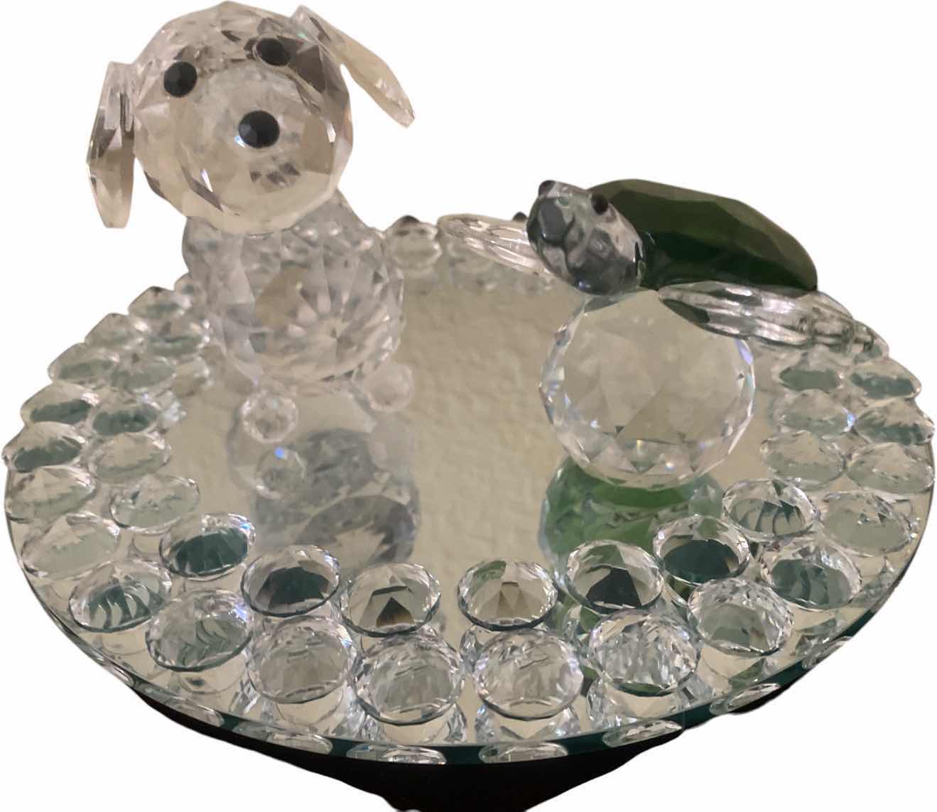 Photo 1 of CRYSTAL FAUCET CUT DOG FIGURINE 4” & TURTLE 3” WITH ROUND GLASS TRAY 8”