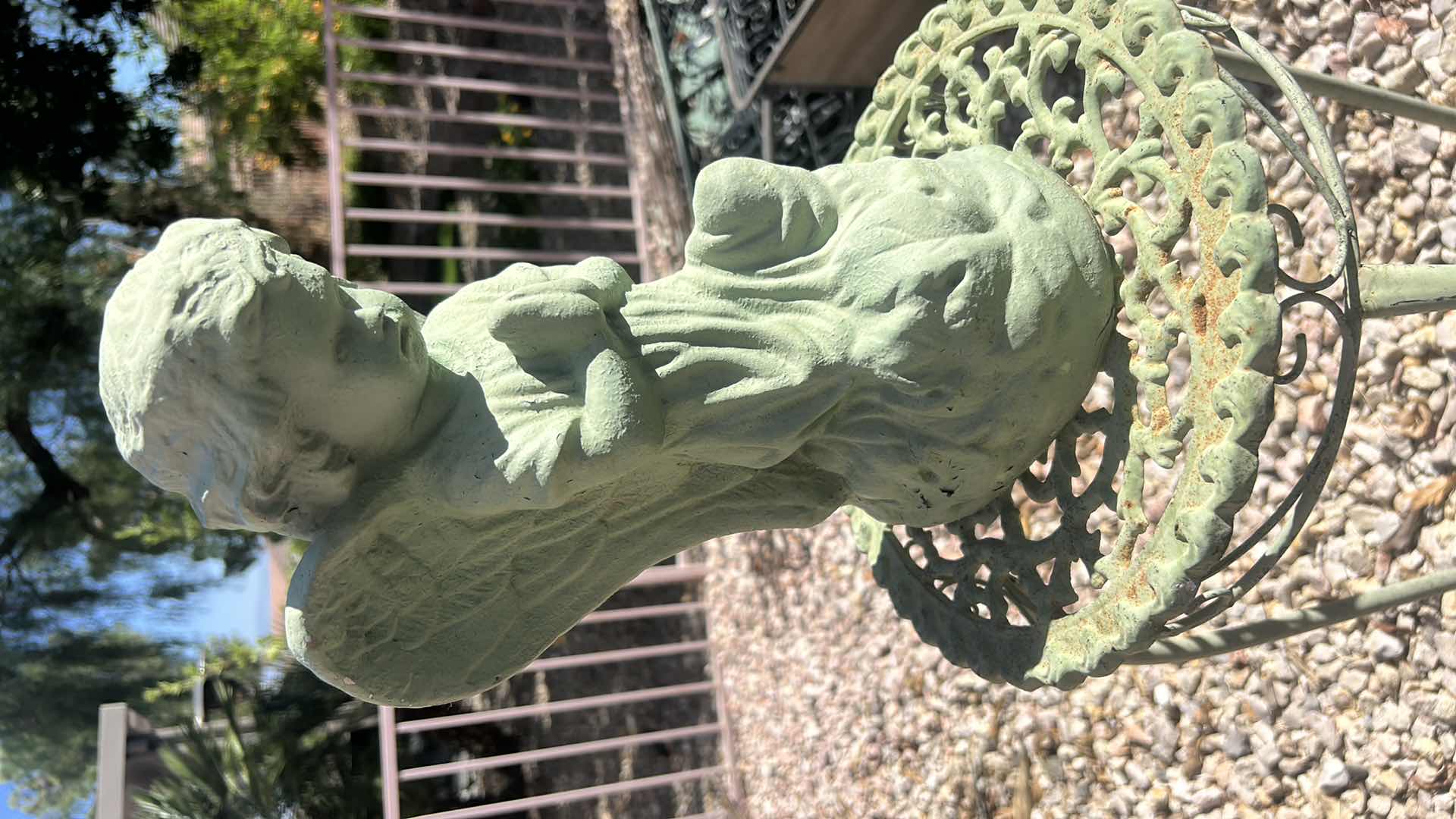Photo 1 of OUTDOOR METAL TABLE WITH GREEN PATINA AND ANGEL STATUE