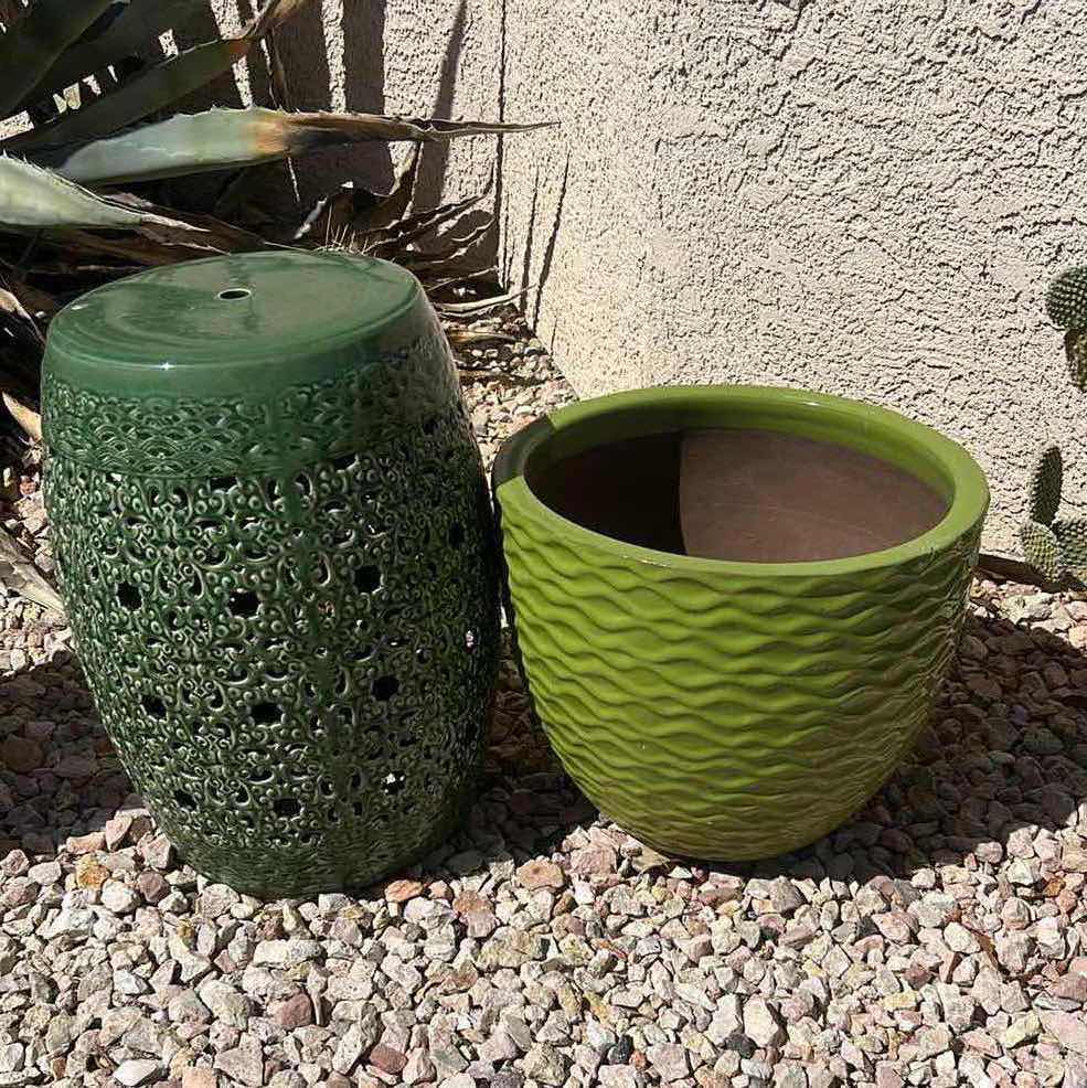 Photo 1 of GLAZED POTTERY AND GREEN GARDEN STOOL H19”