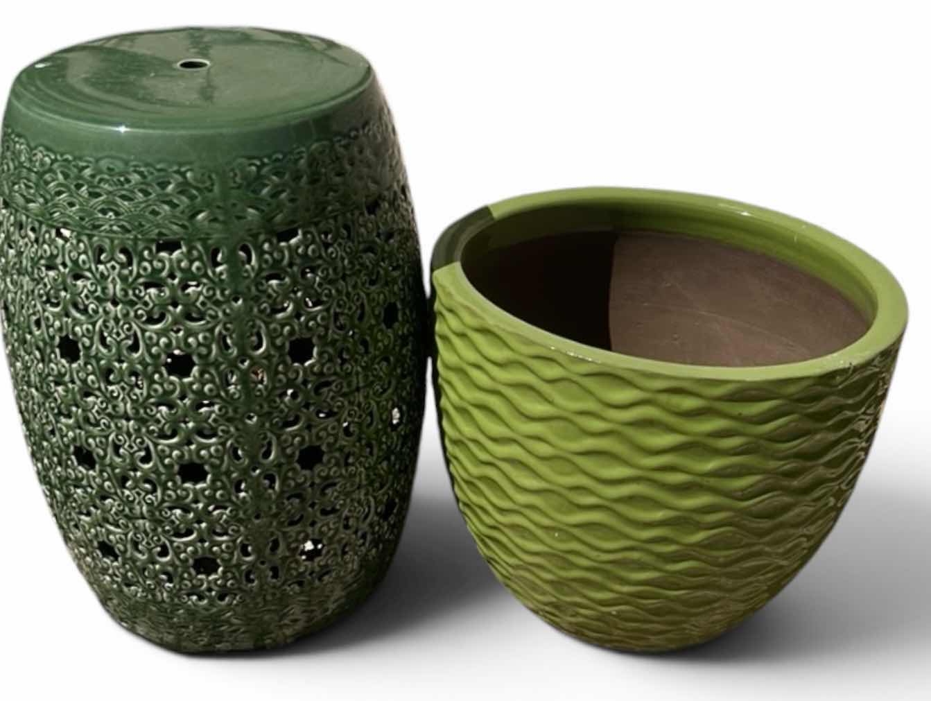 Photo 1 of GLAZED POTTERY AND GREEN GARDEN STOOL H19”