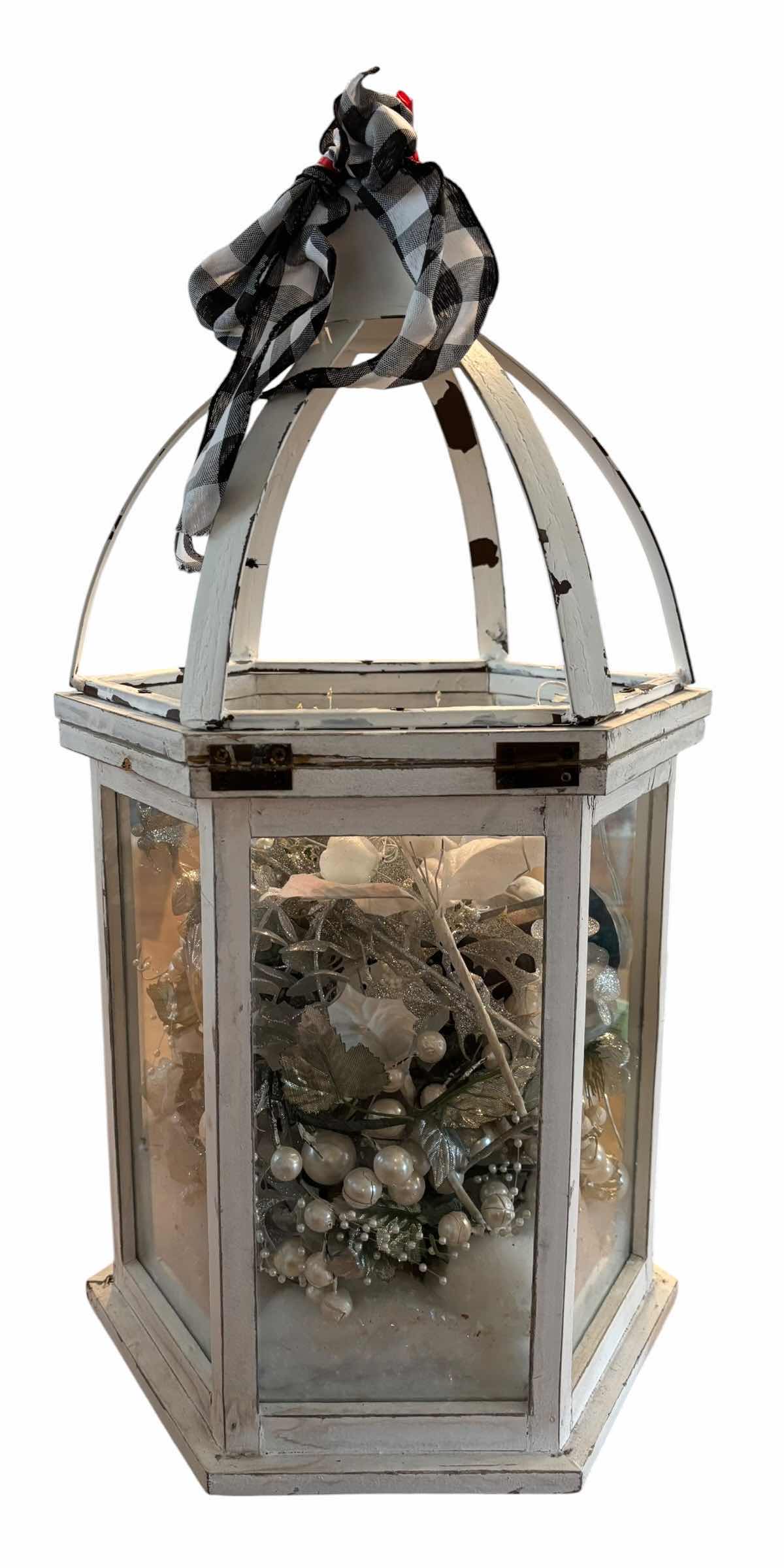 Photo 1 of DISTRESSED LANTERN WITH FESTIVE WINTER DECOR H22” (GLASS IS CRACKED)