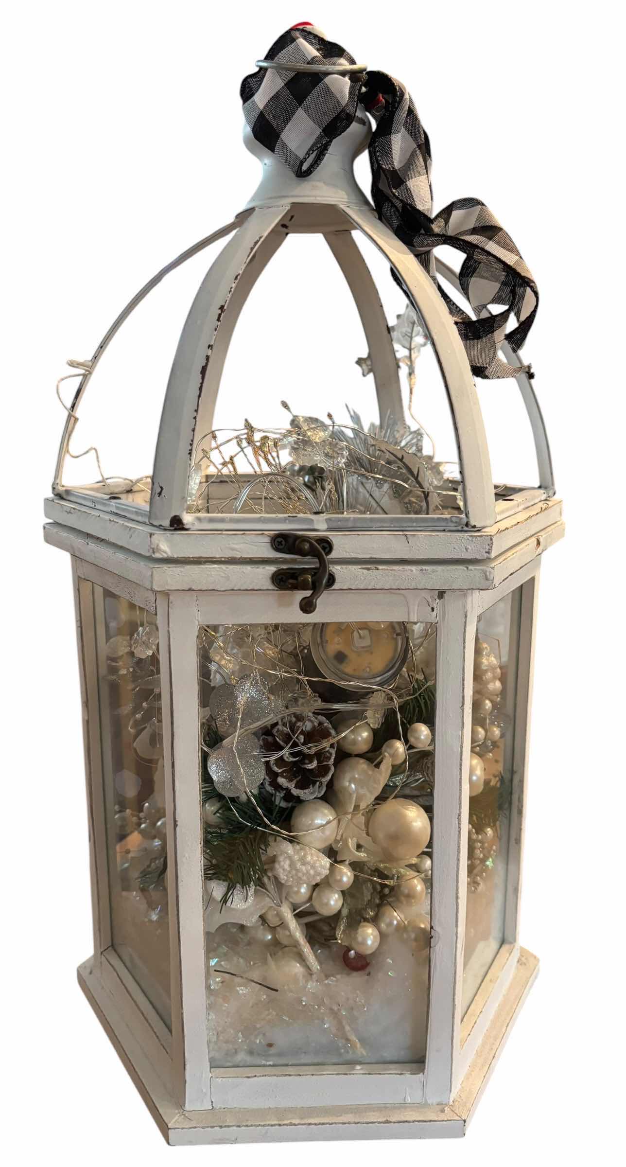 Photo 1 of DISTRESSED LANTERN WITH FESTIVE WINTER DECOR H22”