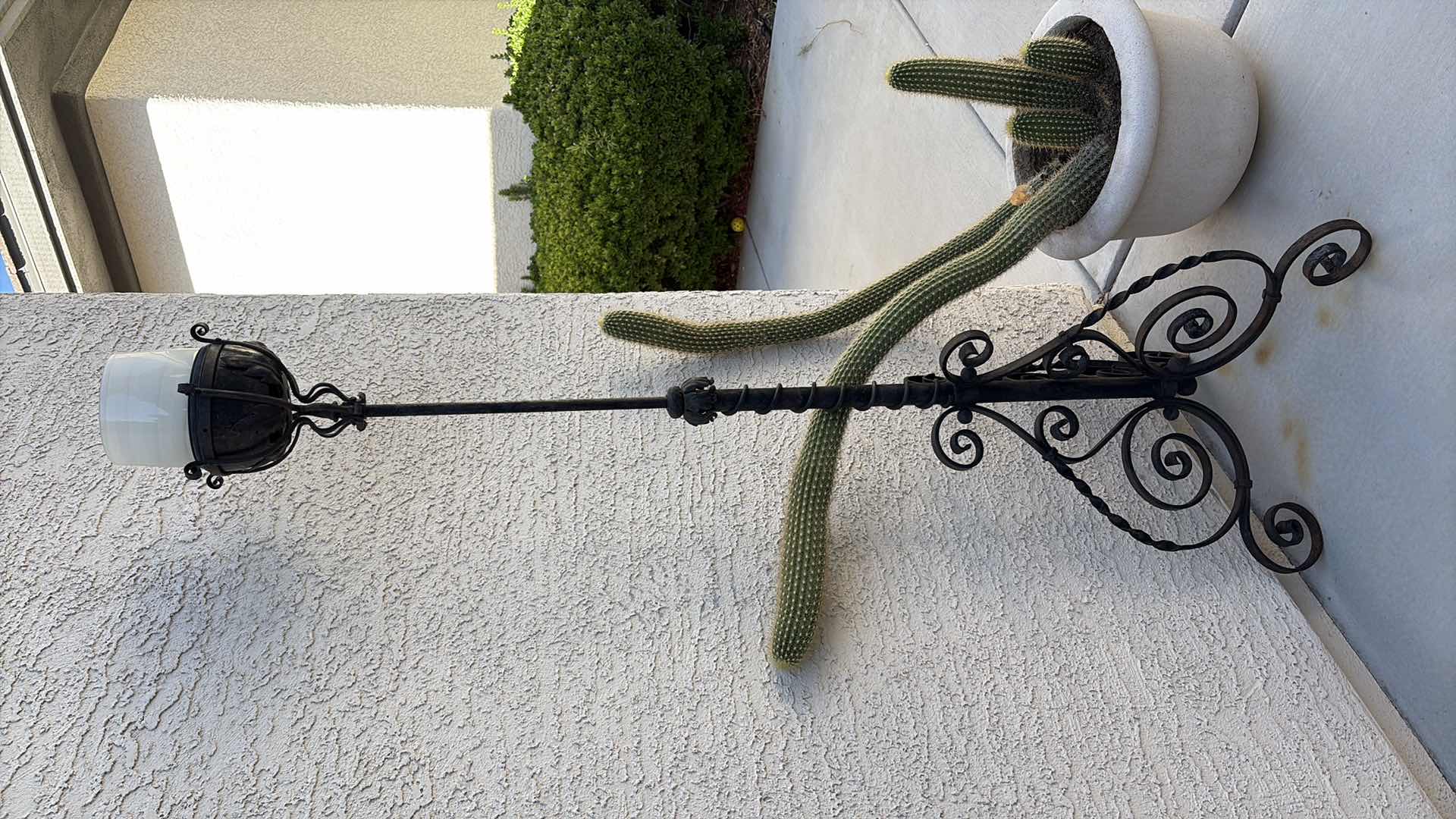 Photo 1 of TALL DECORATIVE WROUGHT IRON FLOOR CANDLE HOLDER WITH FROSTED GLASS HURRICANE SHADE AND SCROLLWORK BASE H69”