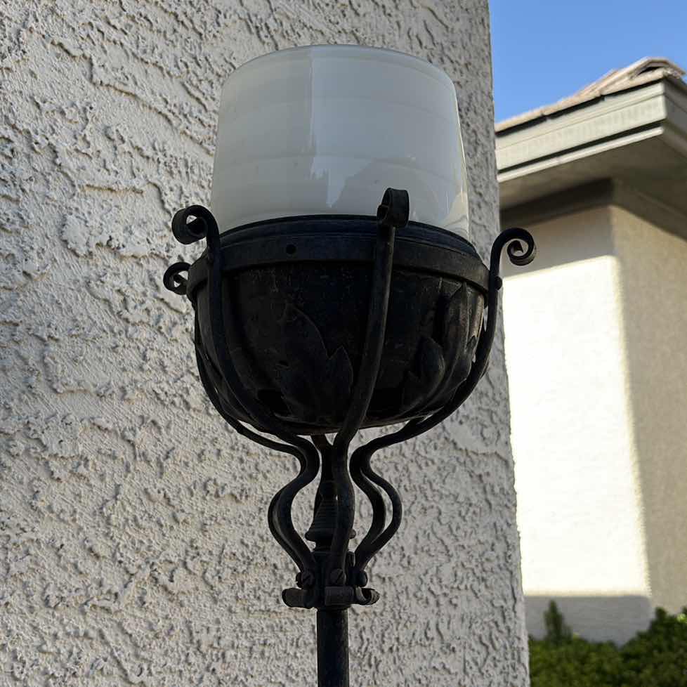 Photo 1 of TALL DECORATIVE WROUGHT IRON FLOOR CANDLE HOLDER WITH FROSTED GLASS HURRICANE SHADE AND SCROLLWORK BASE H69”