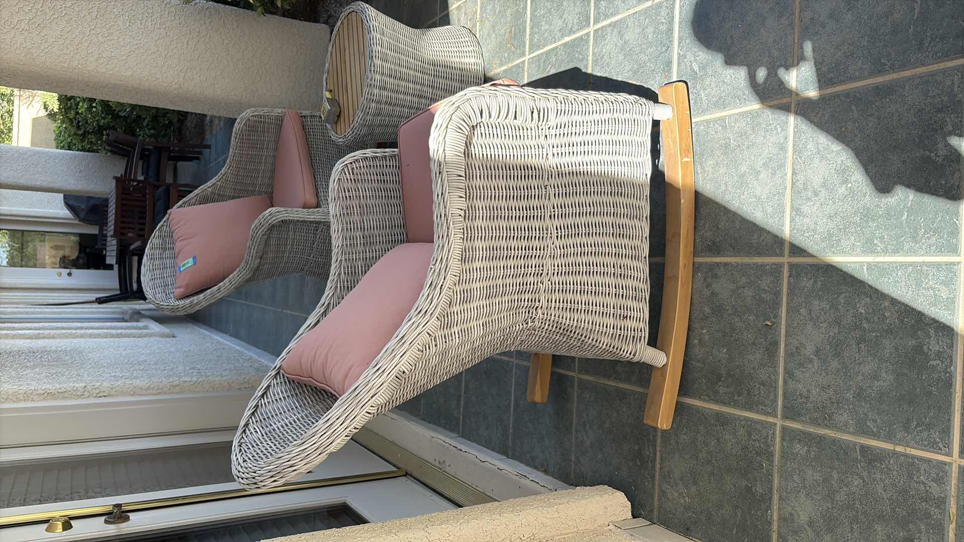Photo 1 of ALL-WEATHER RESIN WICKER PATIO ROCKING CHAIR WITH PINK SEAT AND BACK CUSHIONS SEAT H18” TOTAL H34”