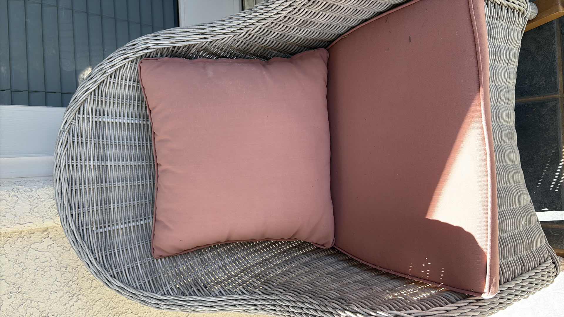 Photo 1 of ALL-WEATHER RESIN WICKER PATIO ROCKING CHAIR WITH PINK SEAT AND BACK CUSHIONS SEAT H18” TOTAL H34”
