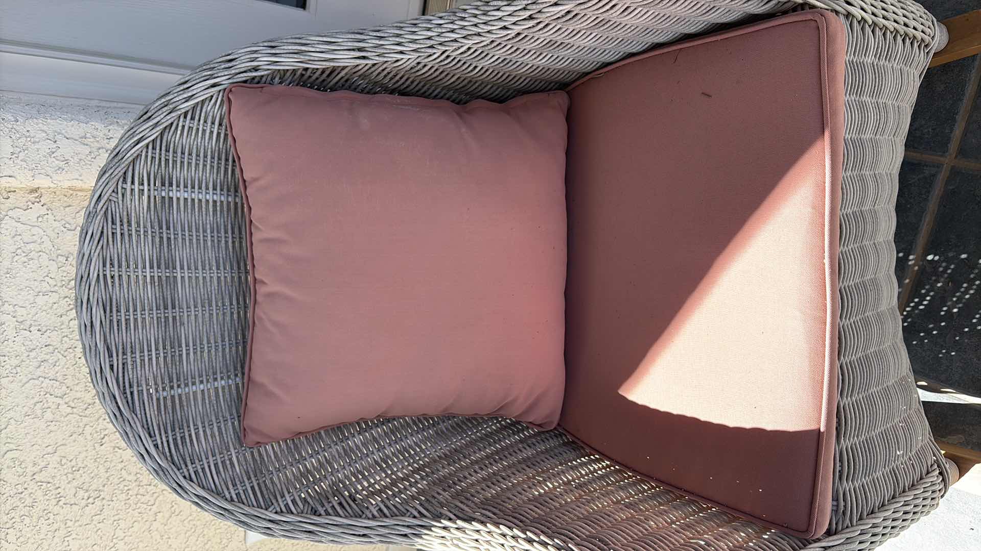 Photo 1 of ALL-WEATHER RESIN WICKER PATIO ROCKING CHAIR WITH PINK SEAT AND BACK CUSHIONS SEAT H18” TOTAL H34”