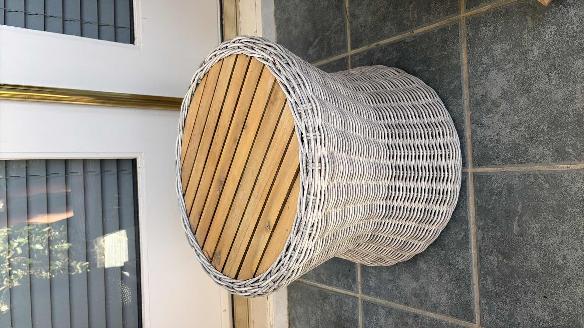 Photo 1 of ALL-WEATHER RESIN WICKER ROUND PATIO ACCENT TABLE WITH SLAT-TOP WOOD SURFACE H16.5”