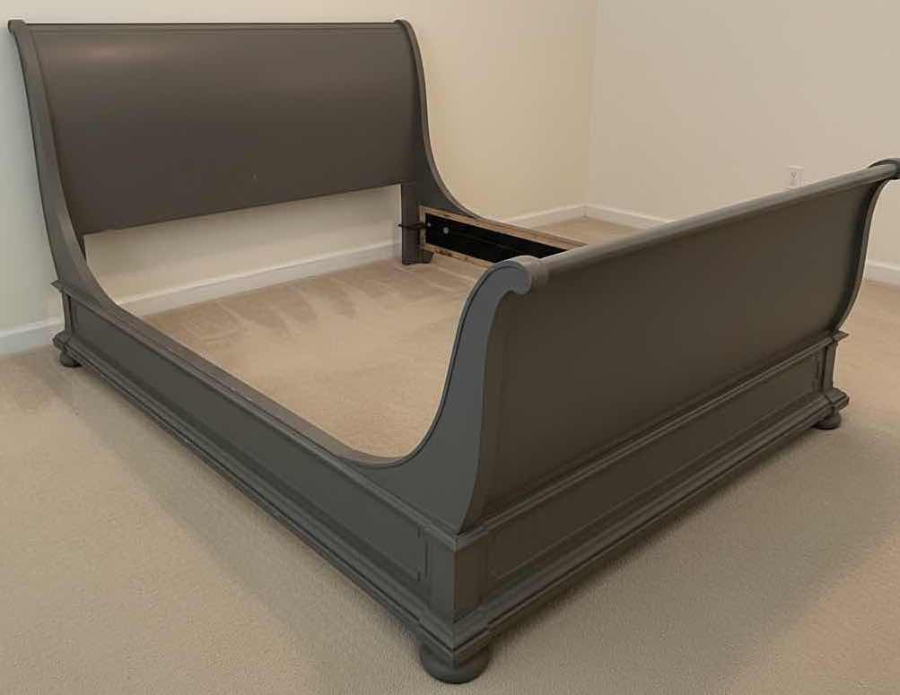 Photo 1 of RESTORATION HARDWARE GRAY WOOD SLEIGH BED FRAME WITH MATCHING HEADBOARD AND FOOTBOARD CLASSIC FOOTBOARD 89”X80.5”H54”