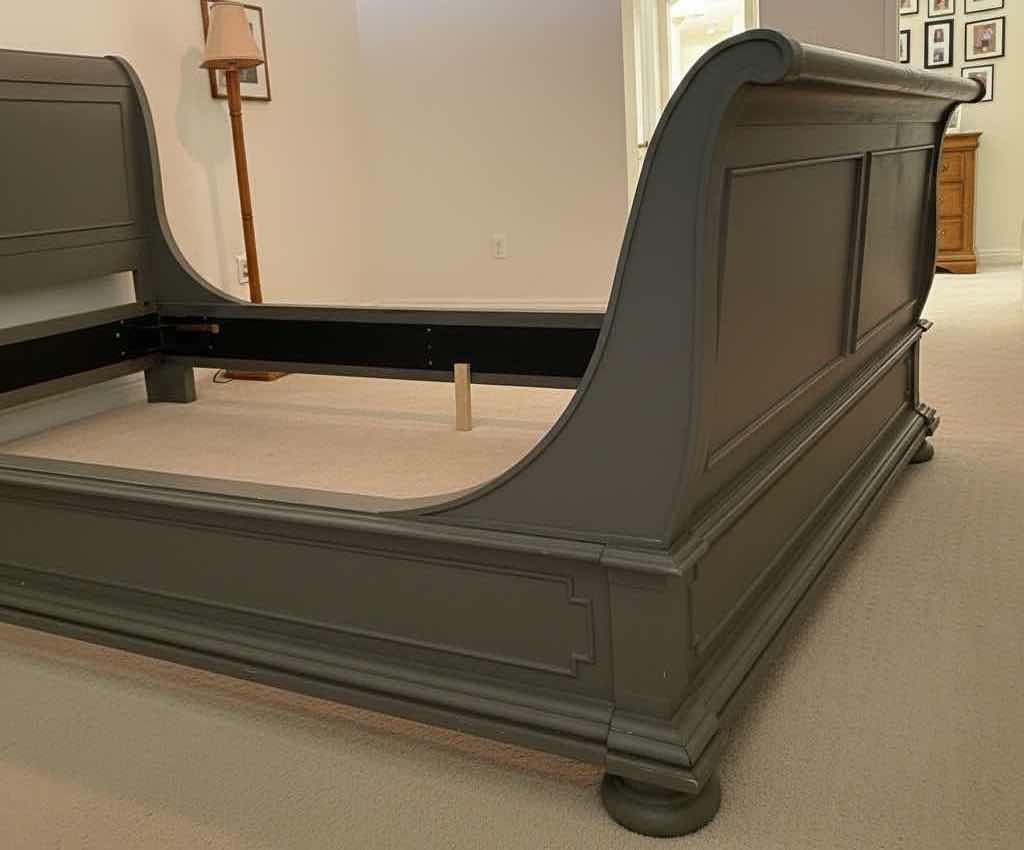 Photo 1 of RESTORATION HARDWARE GRAY WOOD SLEIGH BED FRAME WITH MATCHING HEADBOARD AND FOOTBOARD CLASSIC FOOTBOARD 89”X80.5”H54”