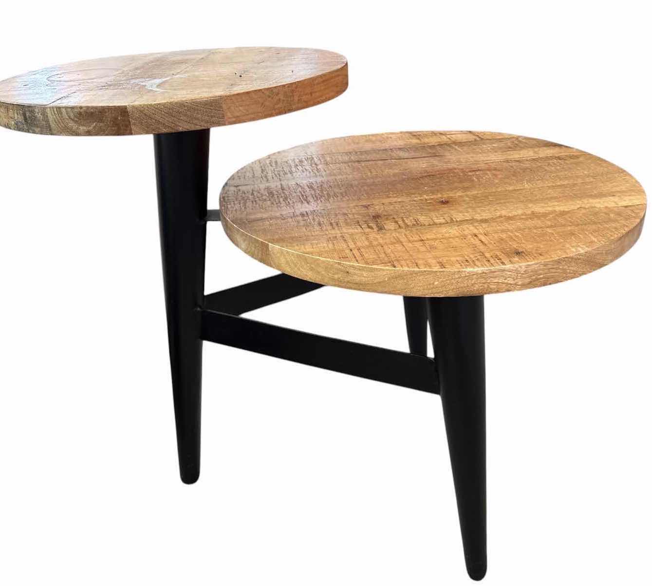 Photo 1 of MODERN TWO-TIER ROUND WOOD ACCENT TABLE WITH UPPER DISPLAY SHELF,BLACK TAPERED LEGS, & CONTEMPORARY RUSTIC DESIGN 30”X21”H24.5”
