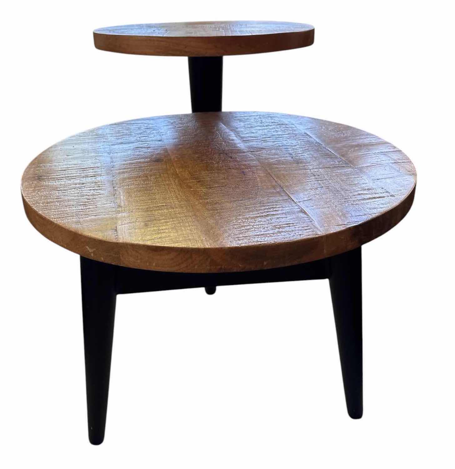 Photo 1 of MODERN TWO-TIER ROUND WOOD ACCENT TABLE WITH UPPER DISPLAY SHELF,BLACK TAPERED LEGS, & CONTEMPORARY RUSTIC DESIGN 30”X21”H24.5”
