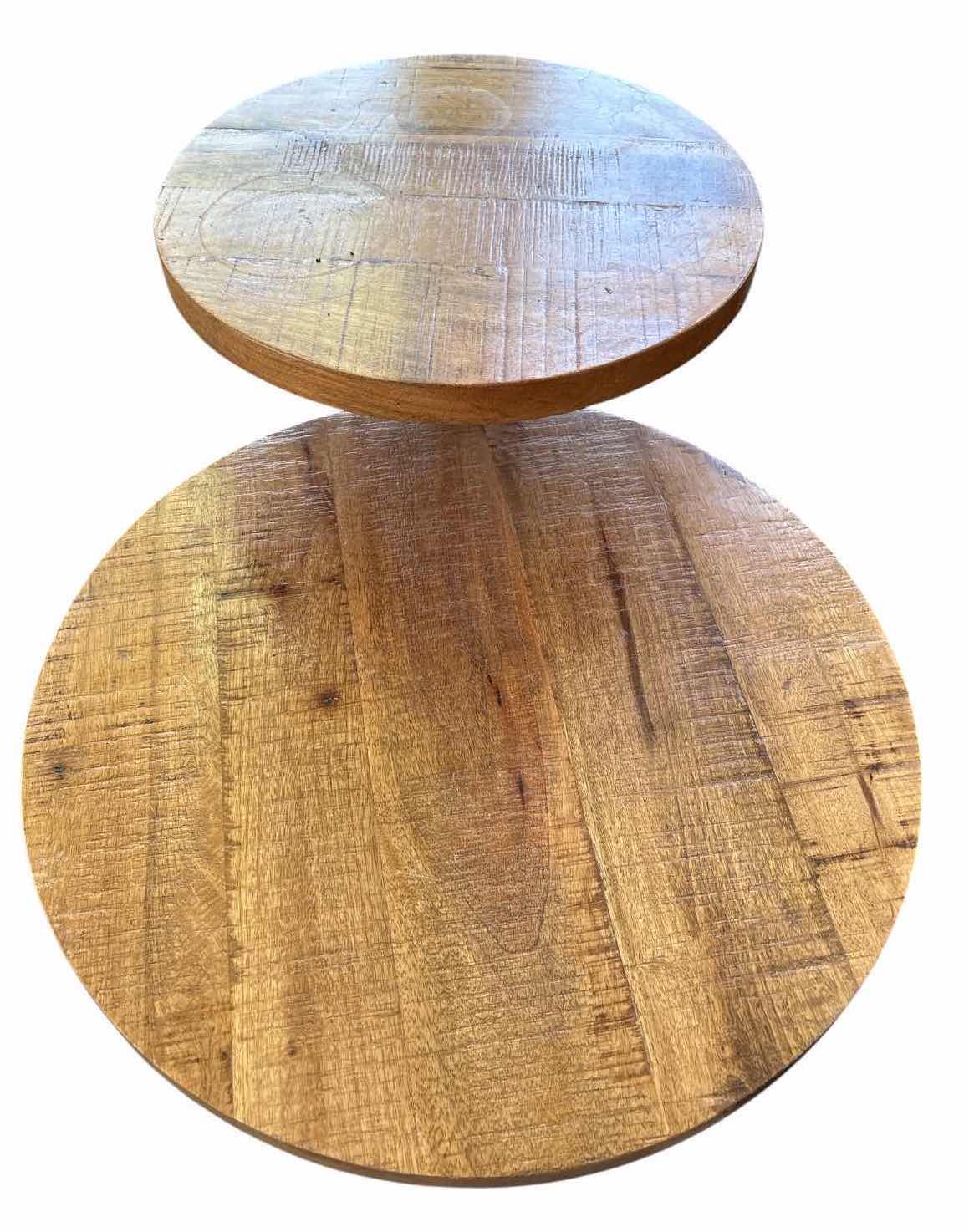 Photo 1 of MODERN TWO-TIER ROUND WOOD ACCENT TABLE WITH UPPER DISPLAY SHELF,BLACK TAPERED LEGS, & CONTEMPORARY RUSTIC DESIGN 30”X21”H24.5”