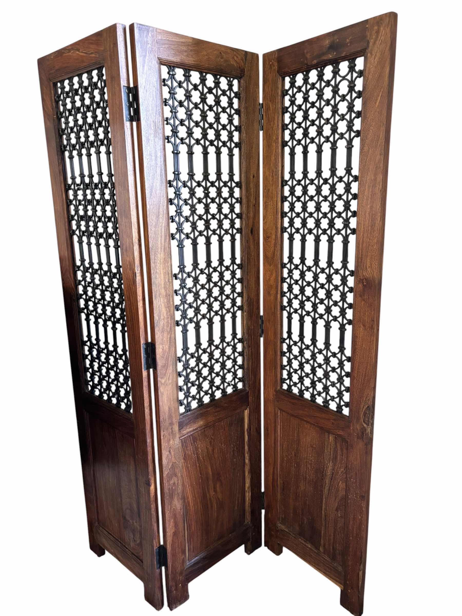 Photo 1 of VINTAGE THREE PANEL WOODEN ROOM DIVIDER WITH WROUGHT IRON LATTICE INSERTS H64” $1500