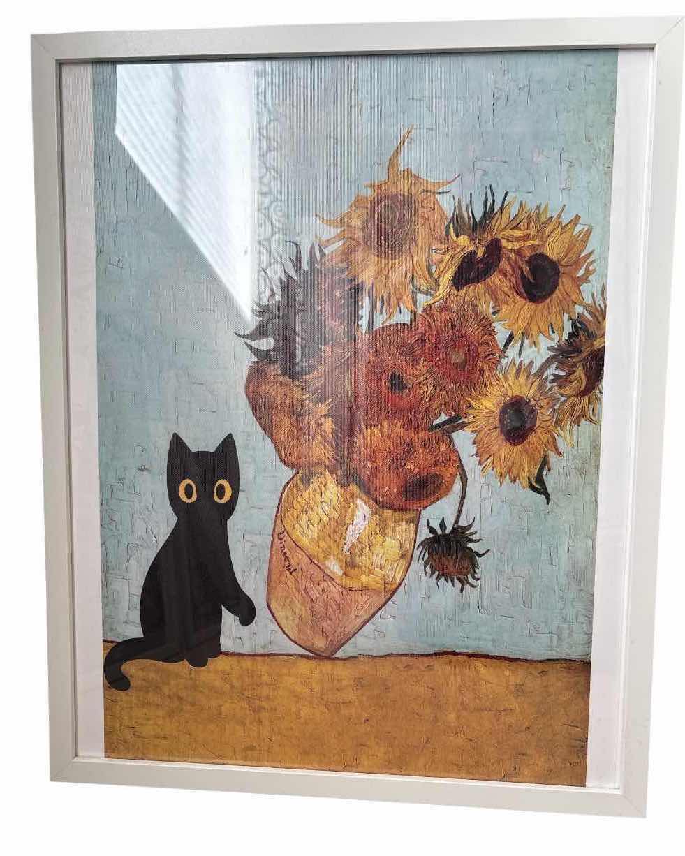 Photo 1 of (3)PCS FRAMED IMPRESSIONIST-STYLE CAT ART PRINTS IN WHITE FRAMES FEATURING MONET AND VAN GOGH INSPIRED DESIGNS 17”X21”
