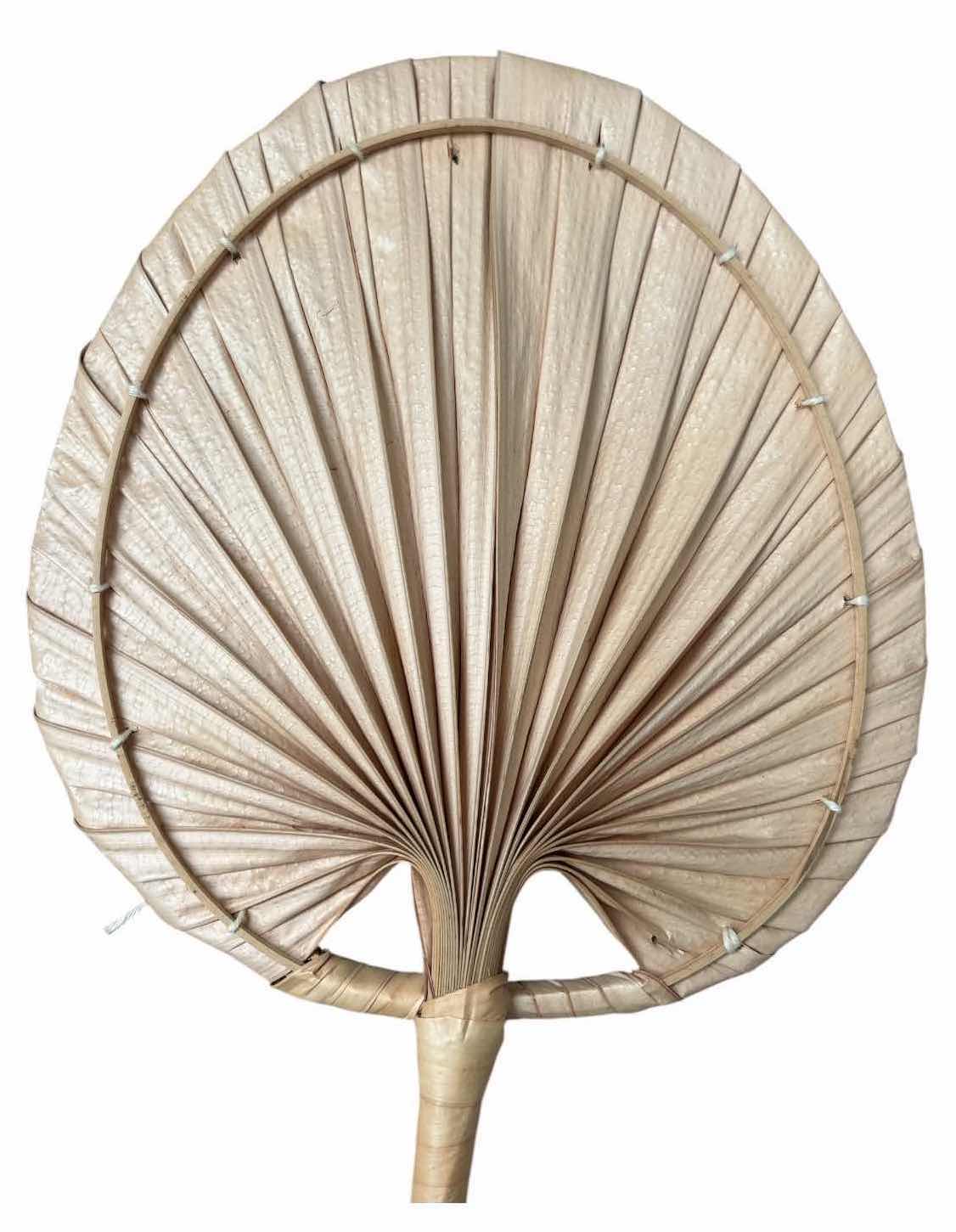 Photo 1 of (2)PCS HAND WOVEN PALM LEAF HAND FANS WITH NATURAL WOVEN HANDLES H15.25”