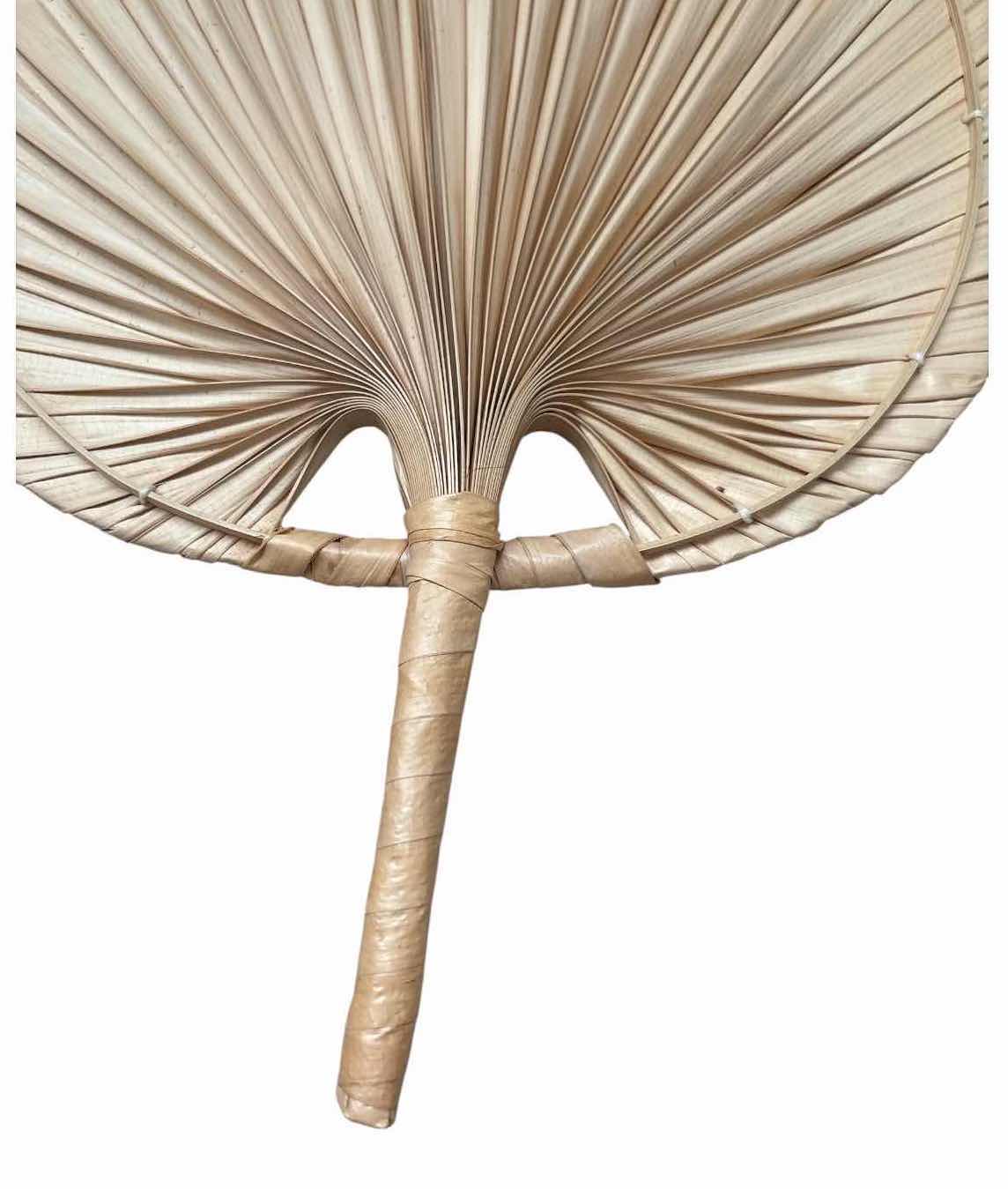 Photo 1 of (2)PCS HAND WOVEN PALM LEAF HAND FANS WITH NATURAL WOVEN HANDLES H15.25”
