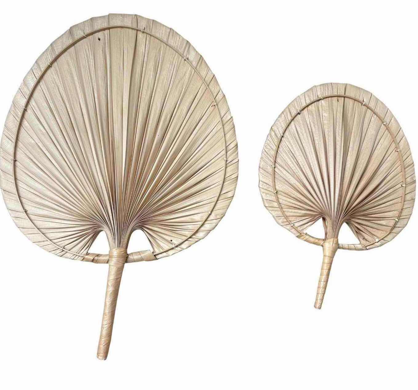 Photo 1 of (2)PCS HAND WOVEN PALM LEAF HAND FANS WITH NATURAL WOVEN HANDLES H15.25”