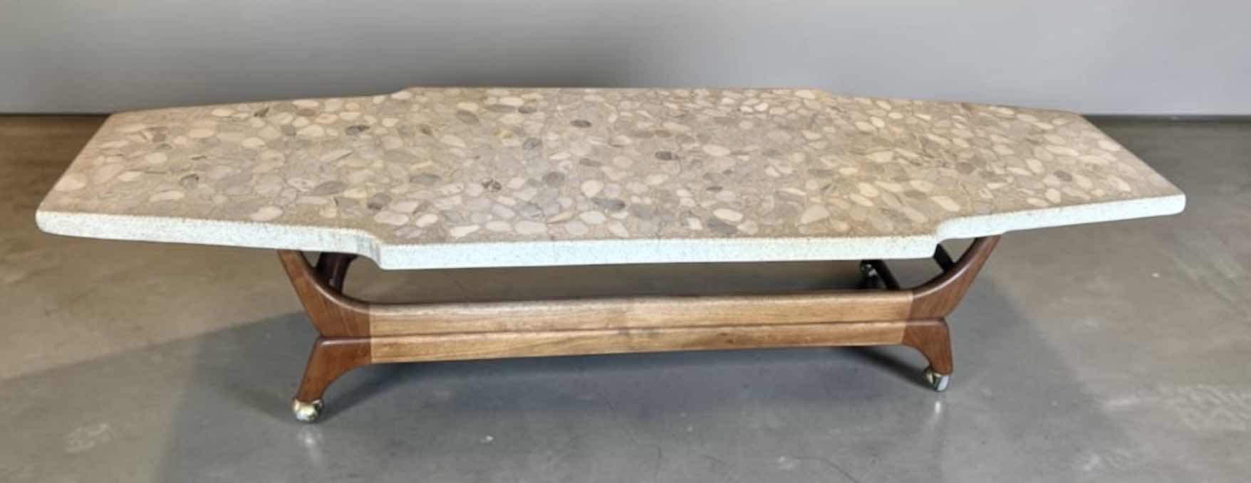Photo 1 of MID-CENTURY MODERN SURFBOARD-STYLE COFFEE TABLE ATTRIBUTED TO HARVEY PROBBER.
66 x 20” x H14 1/2” $3800