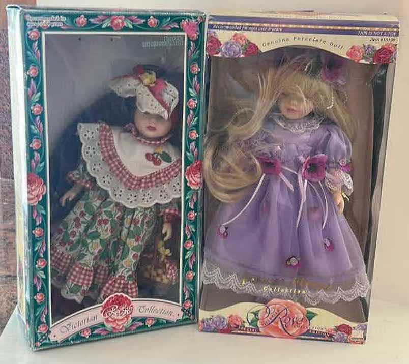 Photo 1 of 2 NIB DOLLS - VINTAGE BRASS KEY "VICTORIAN ROSE COLLECTION" STRAWBERRY DOLL & PURPLE DOLL