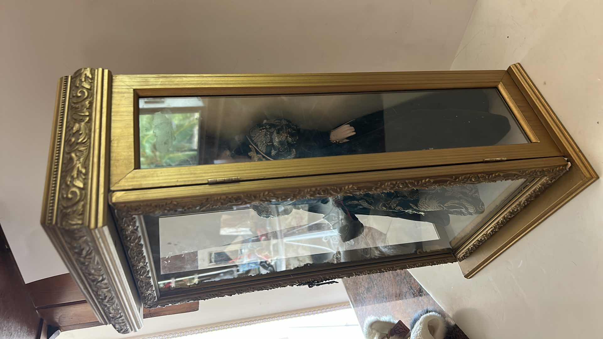 View 4 of 2000 CAMELLIA GARDEN COLLECTION 16” PORCELAIN DOLL WITH SWAROVSKI CRYSTAL JEWELRY IN GOLD GLASS DISPLAY CASE. $150