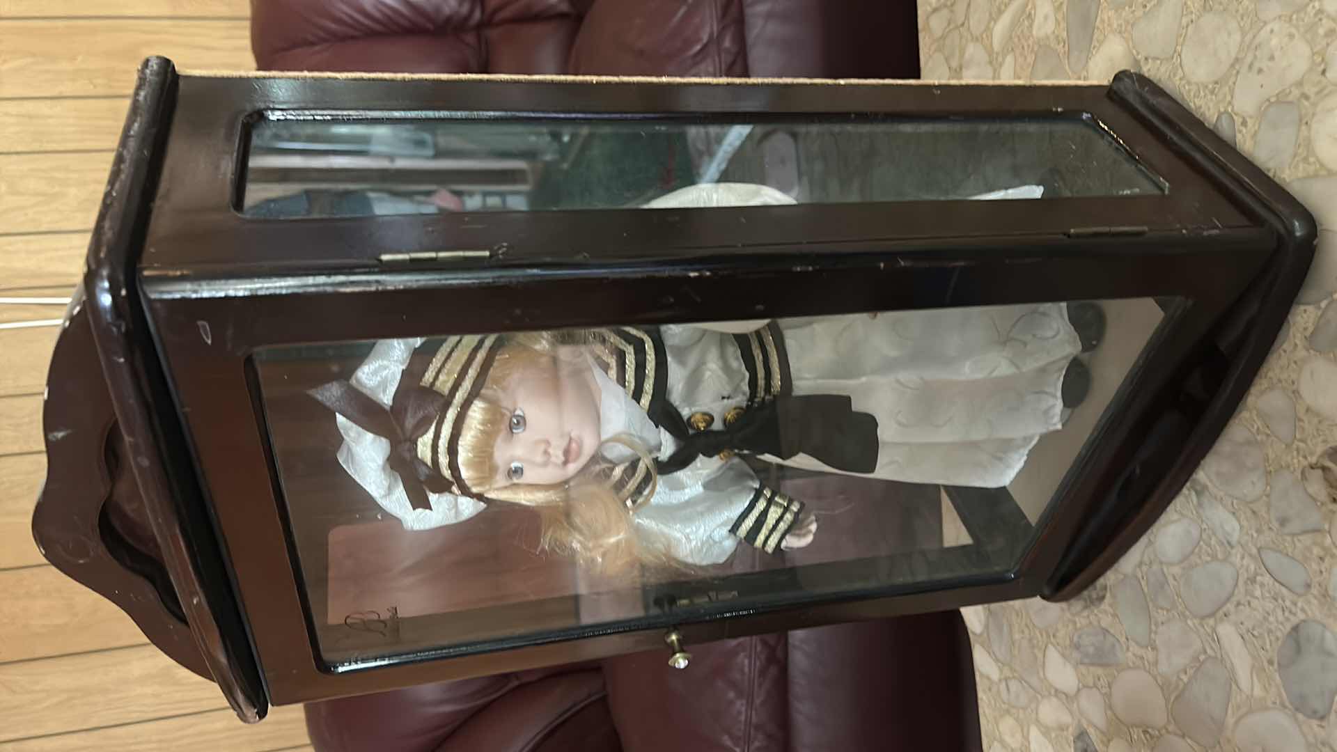 Photo 1 of VINTAGE ASHLEY BELLE COLLECTION VICTORIAN PORCELAIN DOLL H16” W WOOD & GLASS DISPLAY CASE CABINET.