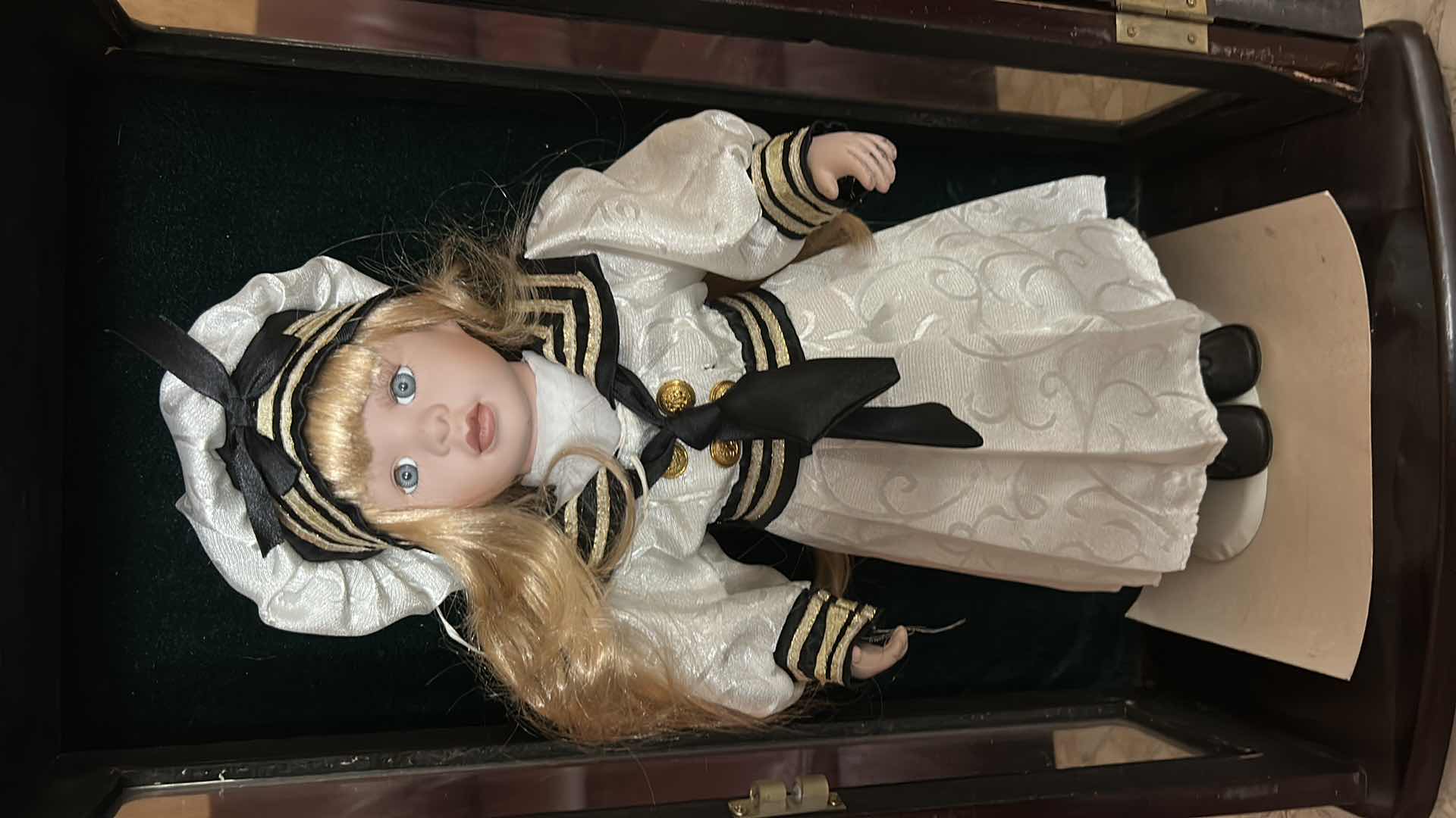 Photo 1 of VINTAGE ASHLEY BELLE COLLECTION VICTORIAN PORCELAIN DOLL H16” W WOOD & GLASS DISPLAY CASE CABINET.