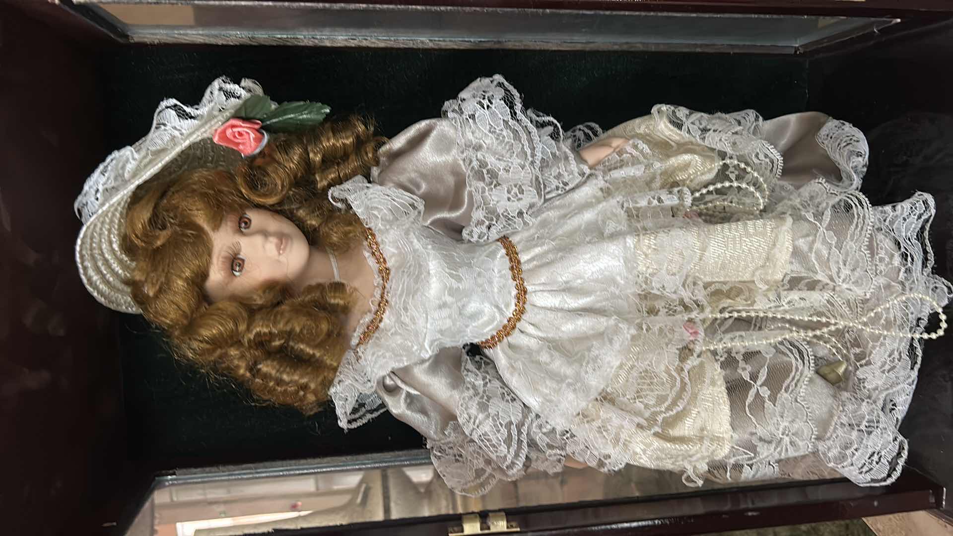 Photo 1 of VINTAGE ASHLEY BELLE COLLECTION VICTORIAN PORCELAIN DOLL DARK WOOD/ GLASS DISPLAY CABINET H16”