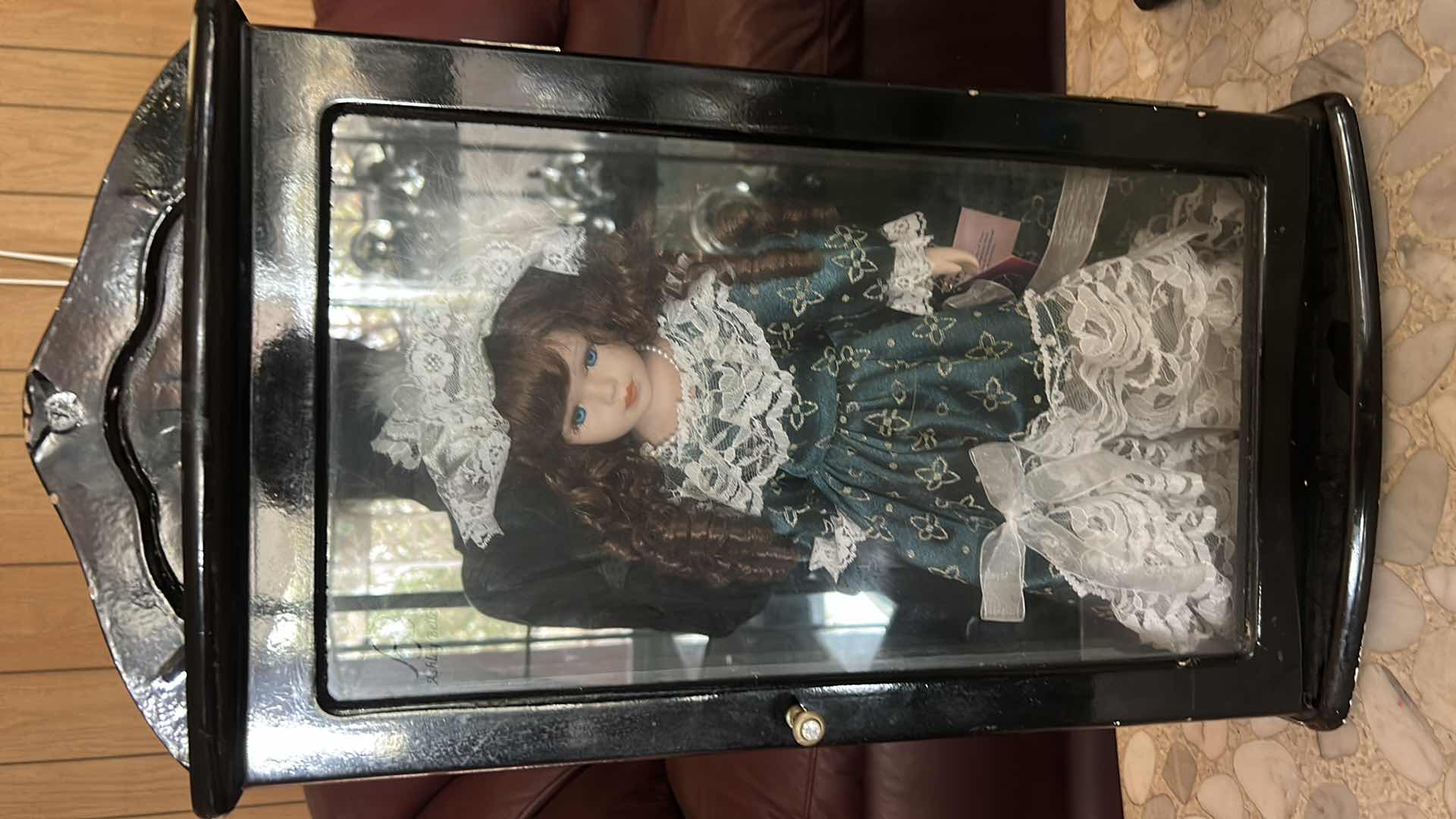 Photo 1 of VINTAGE ASHLEY BELLE COLLECTION VICTORIAN PORCELAIN DOLL H16” W WOOD & GLASS DISPLAY CASE CABINET.