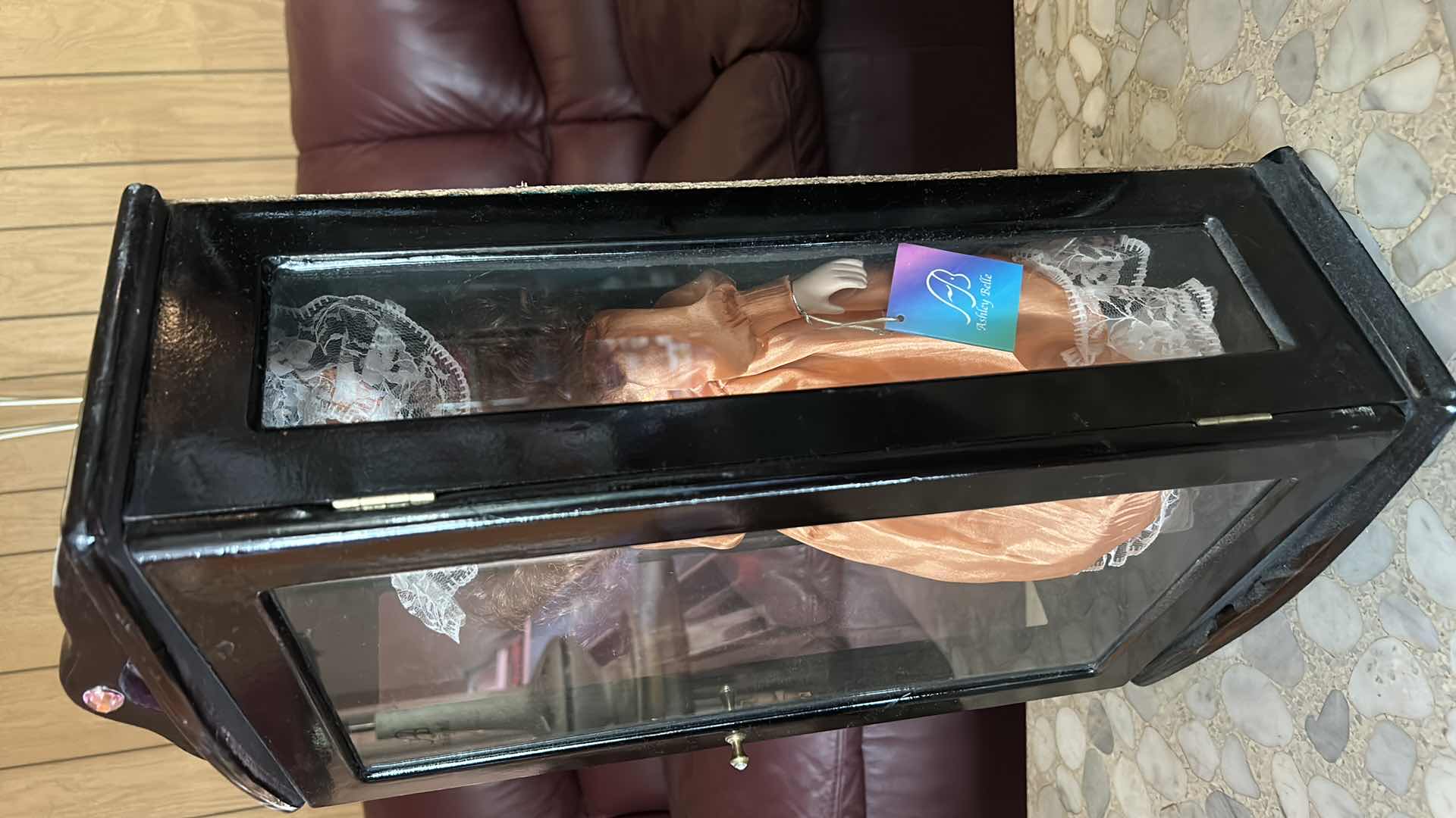 Photo 1 of VINTAGE ASHLEY BELLE COLLECTION VICTORIAN PORCELAIN DOLL H16” INSIDE A CUSTOM MERCHANDISE DARK WOOD AND GLASS DISPLAY CASE CABINET