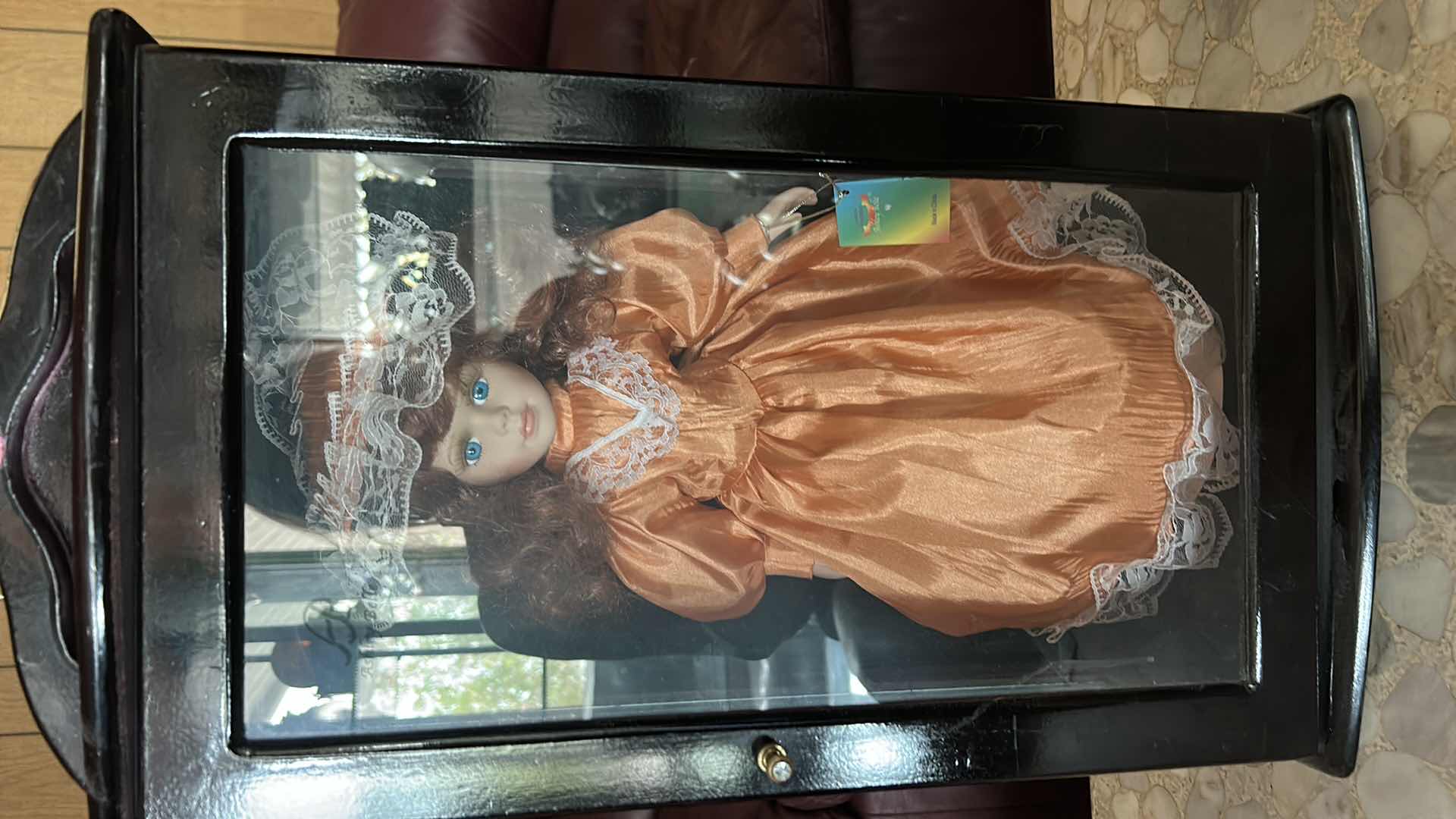 Photo 1 of VINTAGE ASHLEY BELLE COLLECTION VICTORIAN PORCELAIN DOLL H16” INSIDE A CUSTOM MERCHANDISE DARK WOOD AND GLASS DISPLAY CASE CABINET