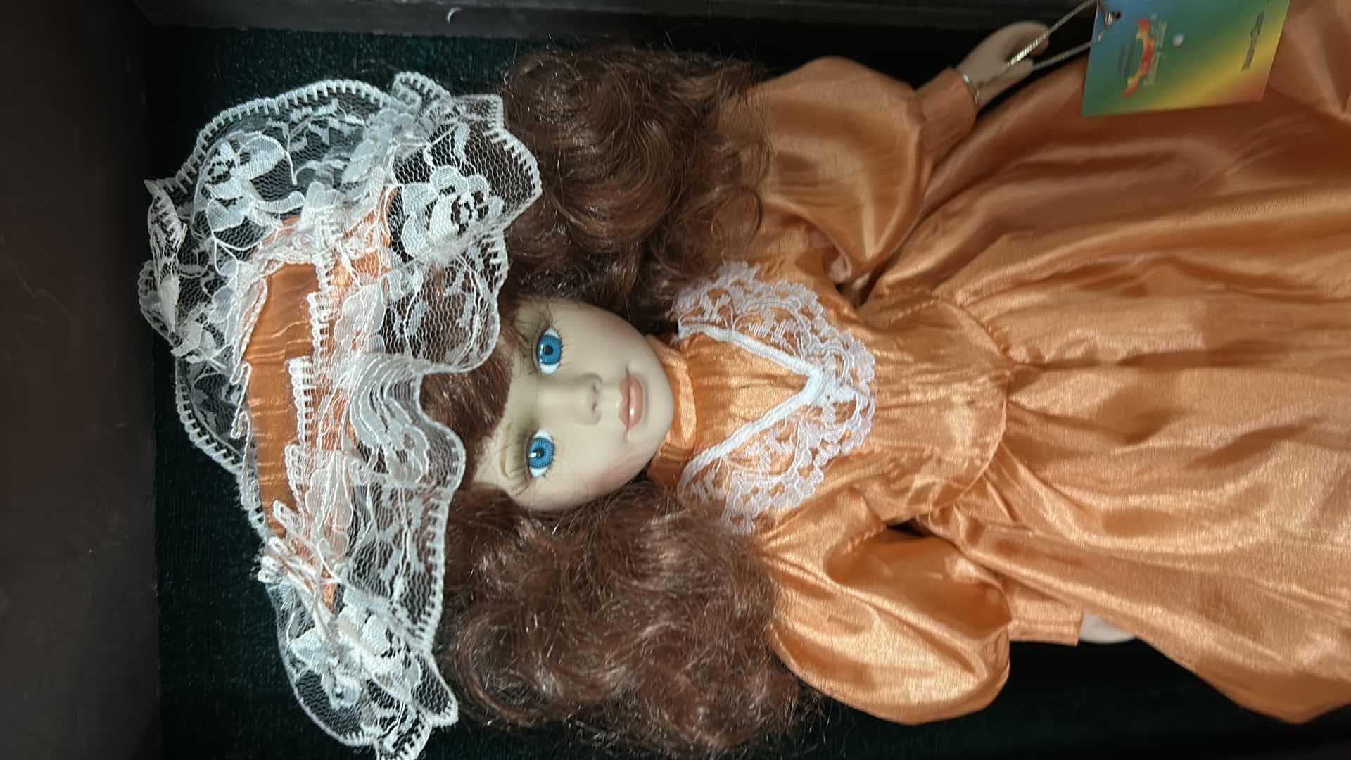 Photo 1 of VINTAGE ASHLEY BELLE COLLECTION VICTORIAN PORCELAIN DOLL H16” INSIDE A CUSTOM MERCHANDISE DARK WOOD AND GLASS DISPLAY CASE CABINET