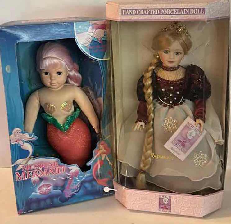Photo 1 of 2 NIB DOLLS - VINTAGE "MUSICAL MERMAID" DOLL & BRASS KEY "COLLECTIBLE MEMORIES" HAND-CRAFTED PORCELAIN RAPUNZEL DOLL.