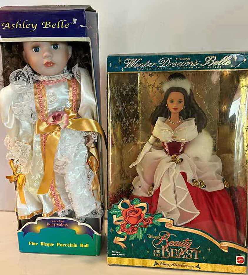 Photo 1 of 2 NIB DOLLS - ASHLEY BELLE "PORCELAIN KEEPSAKES" & MATTEL "WINTER DREAMS BELLE" DISNEY BARBIE DOLL