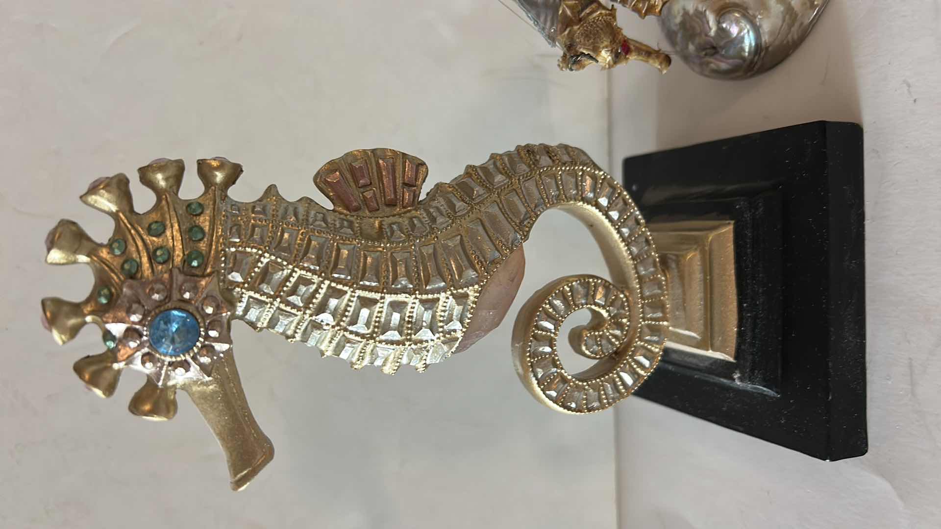 Photo 1 of 2-GOLDEN SEAHORSE STATUES W JEWELS (TALLEST H8”)
