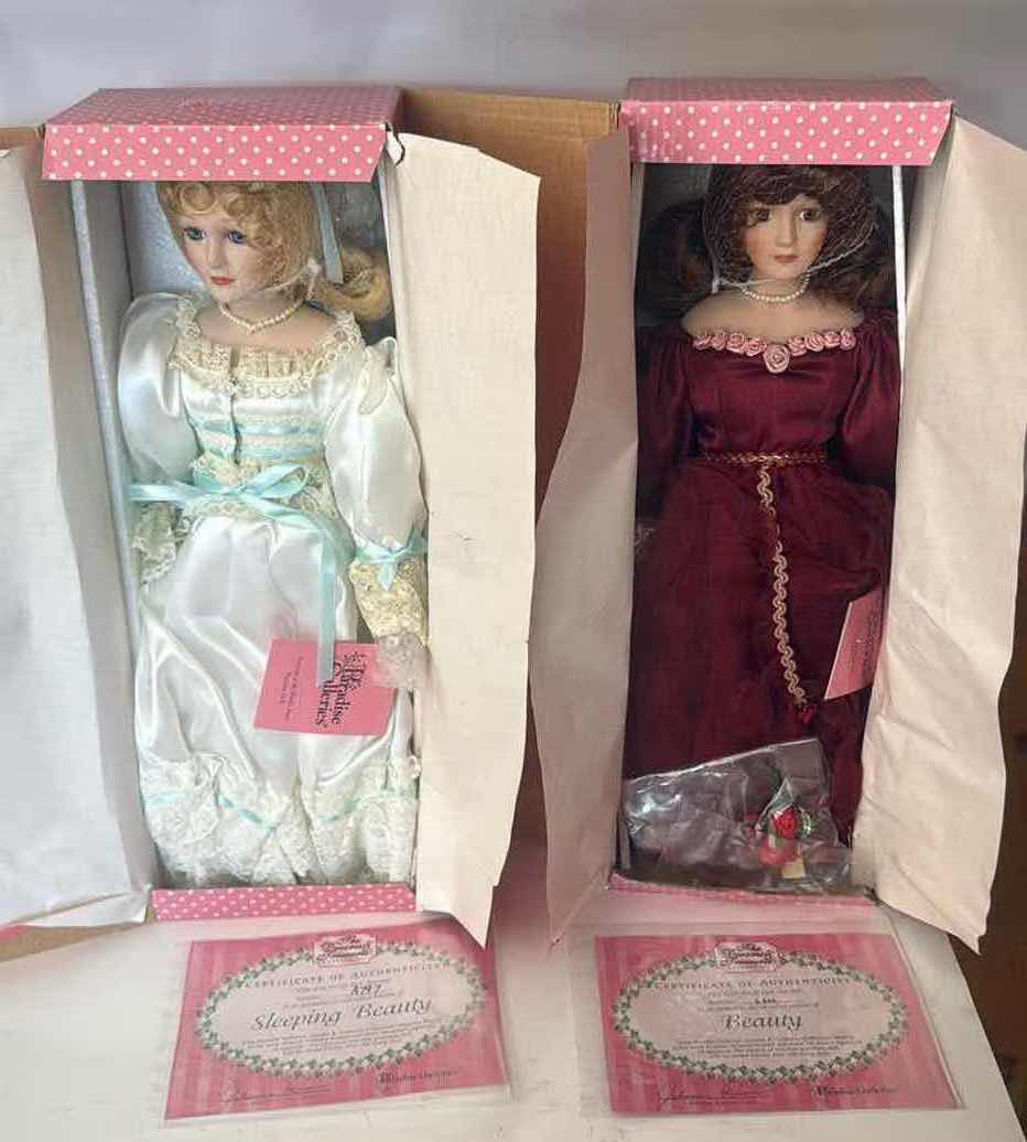 Photo 1 of 2-NIB SLEEPING BEAUTY & BEAUTY PORCELAIN DOLLS