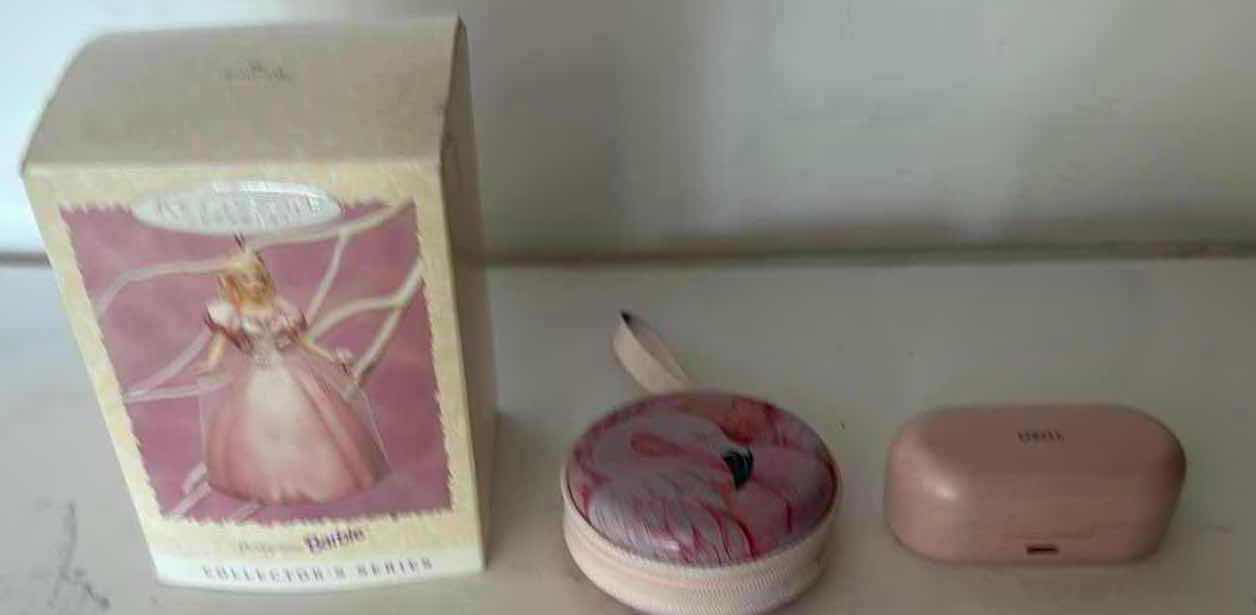 Photo 1 of 3- BARBIE ORNAMENT 5”/ FLAMINGO CASE/ EARBUDS