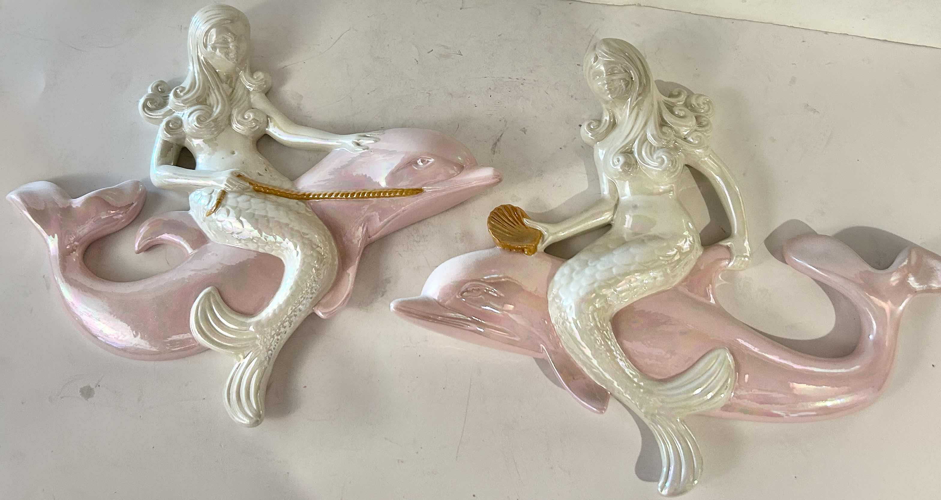Photo 1 of 2- ATLANTIC MOLD IRIDESCENT MERMAIDS RIDING DOLPHINS WALL PLAQUES H 11” $100.
