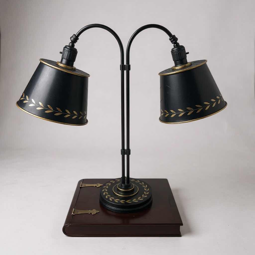Photo 1 of WILDWOOD DOUBLE DESK LAMP W TOLEWARE SHADES H 21"