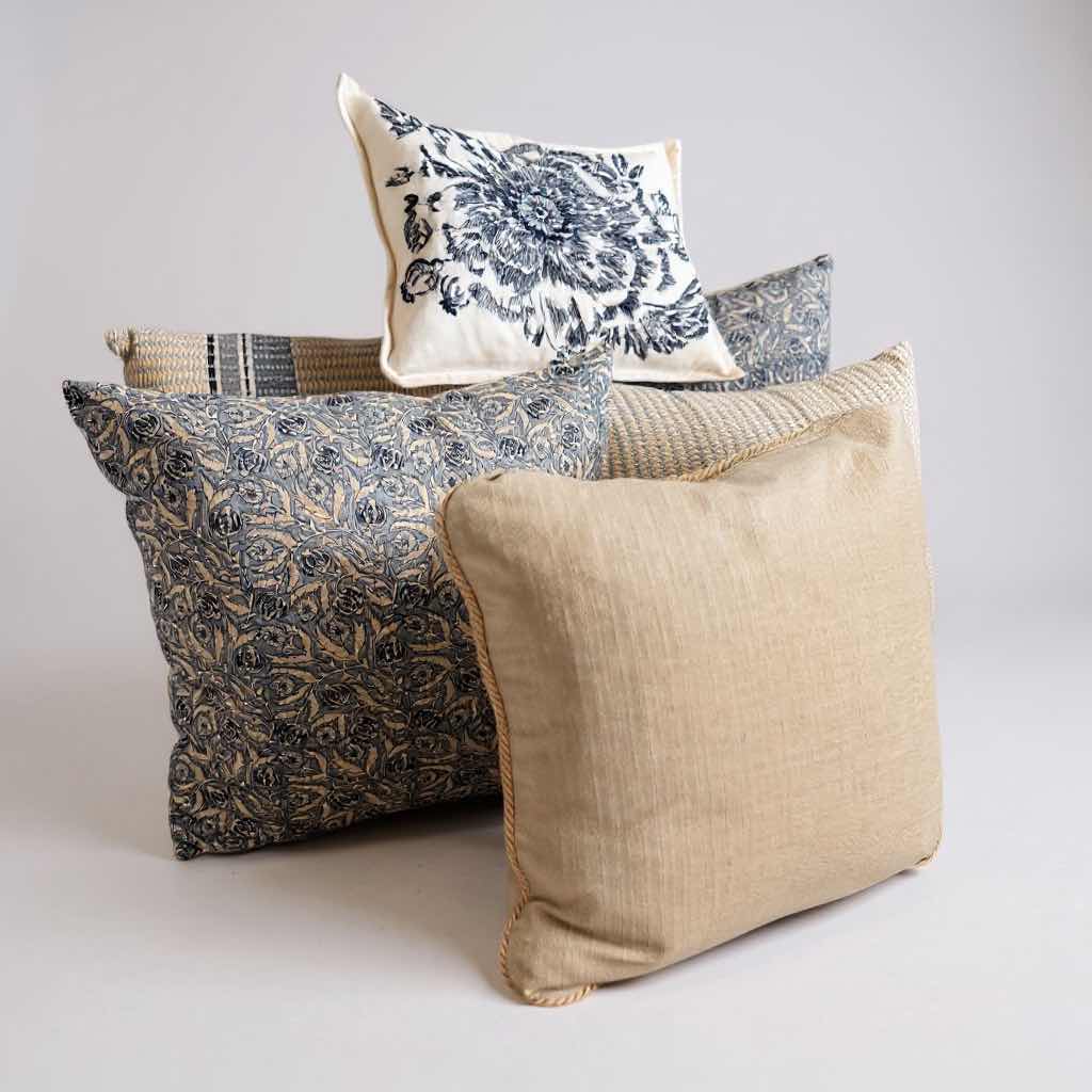 Photo 1 of 6-ACCENT PILLOWS W BLUE ,WHITE, BEIGE FABRIC PRINT