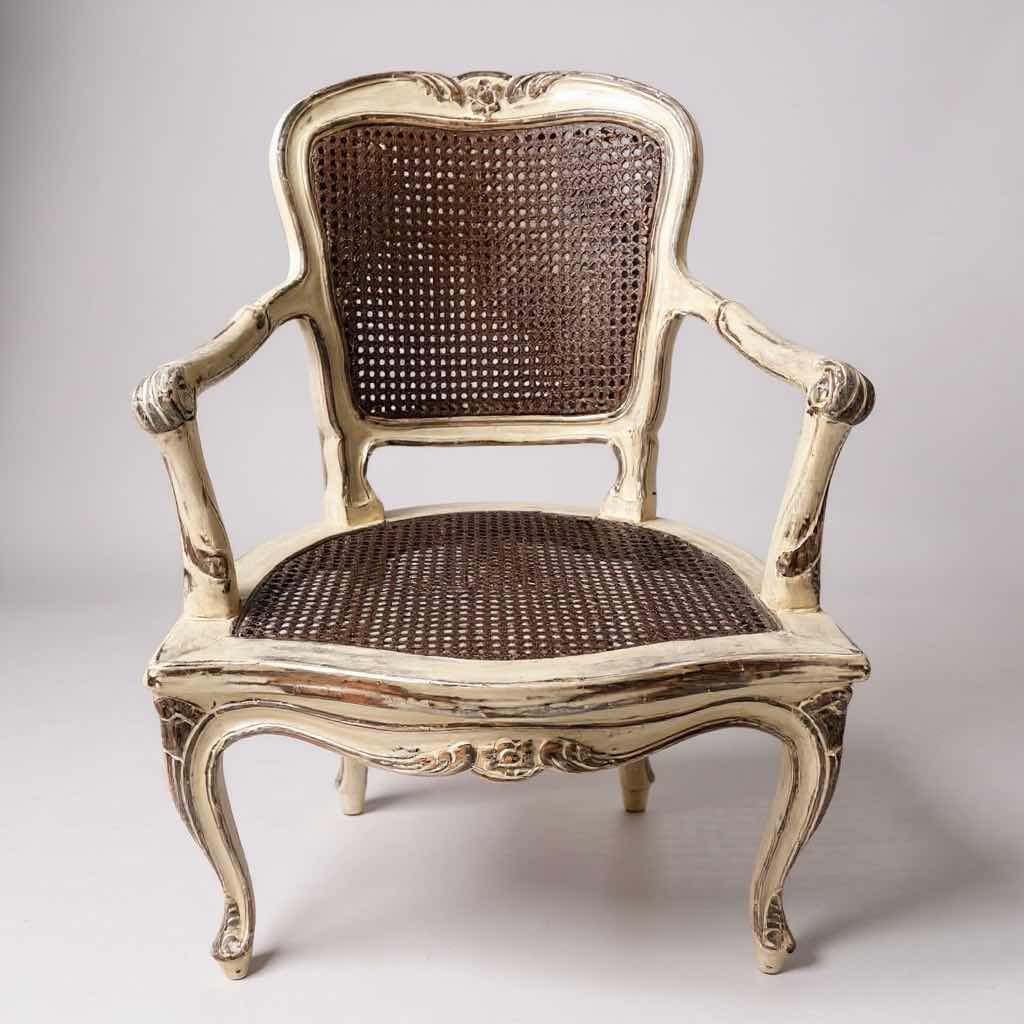Photo 1 of ANTIQUE WHITE WASHED PAINTED WOOD FRENCH CANE ARM CHAIR