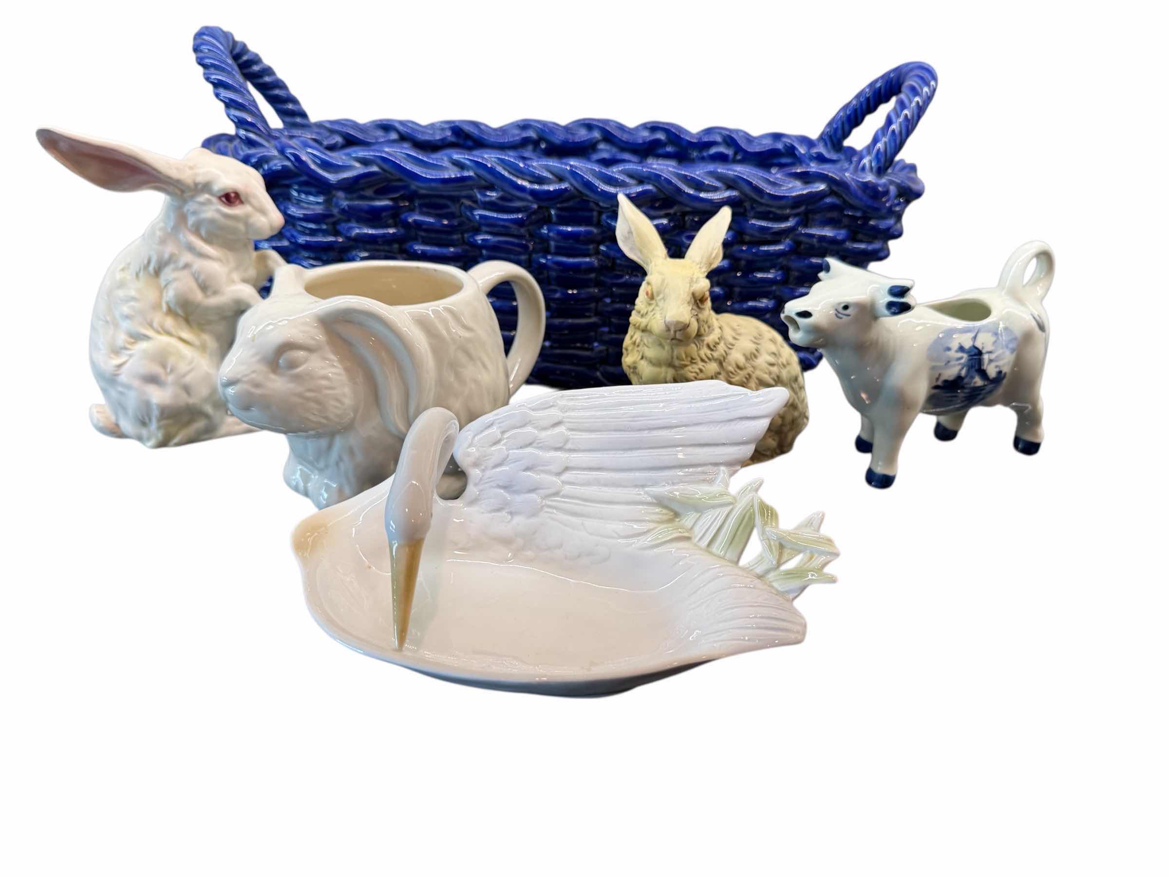 Photo 1 of 5-COLLECTIBLE CERAMIC ANIMAL FIGURINES, BLUE CERAMIC WEAVE BASKET