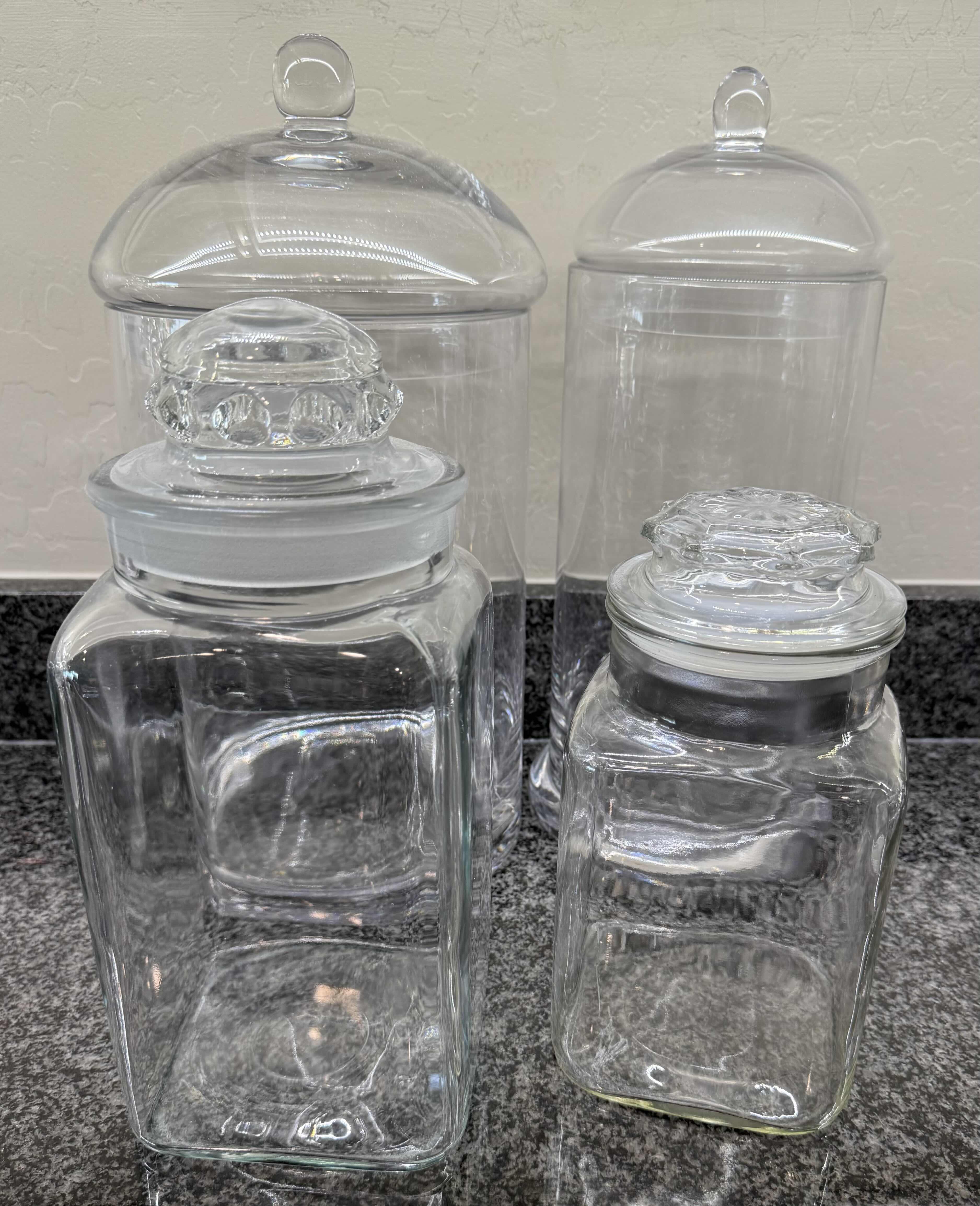Photo 1 of 4- GLASS STORAGE JARS W LIDS
