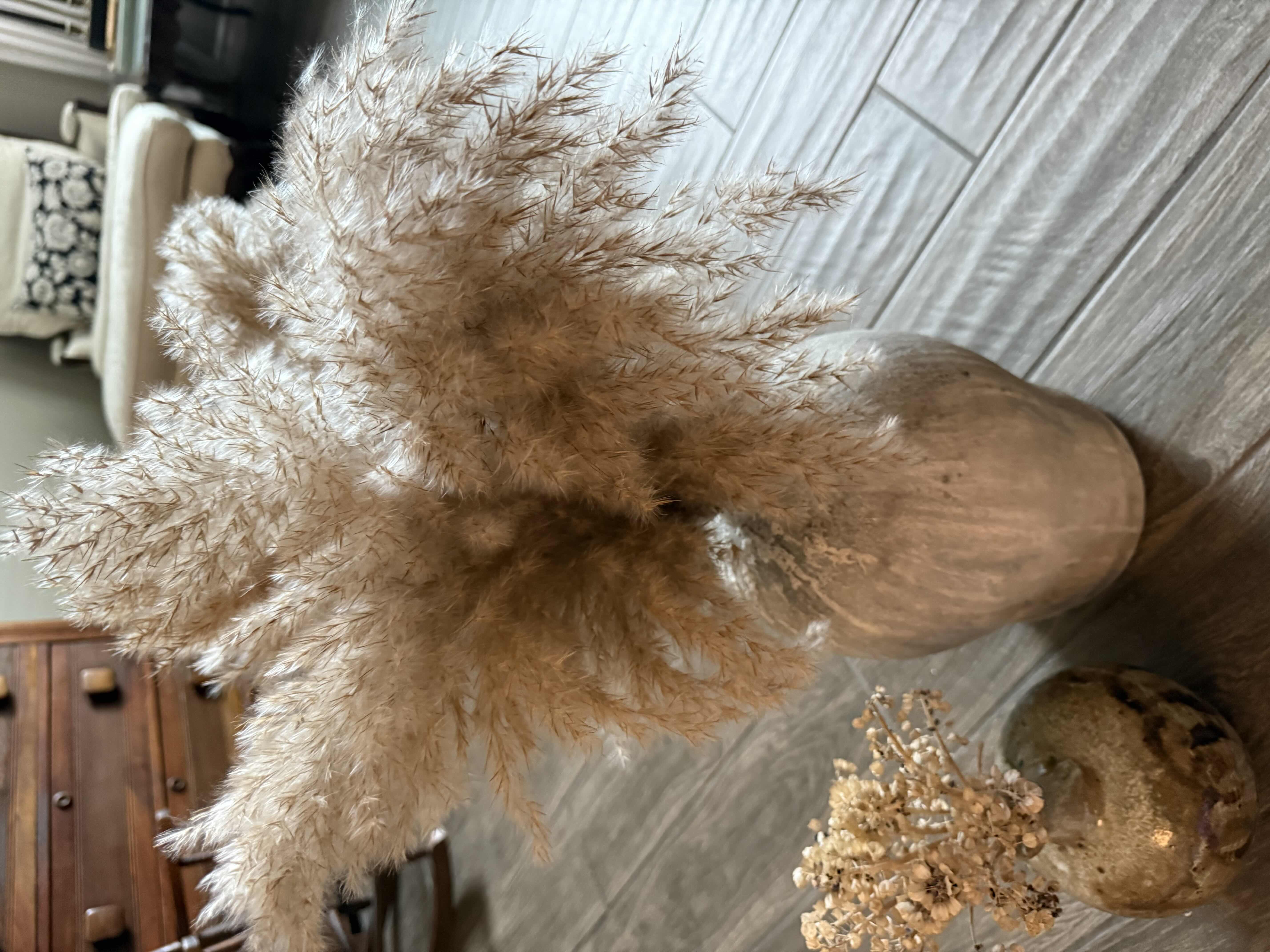 Photo 1 of 2-EARTH TONE CERAMIC VASES W FAUX FEATHERS & DRIIED FLOWERS