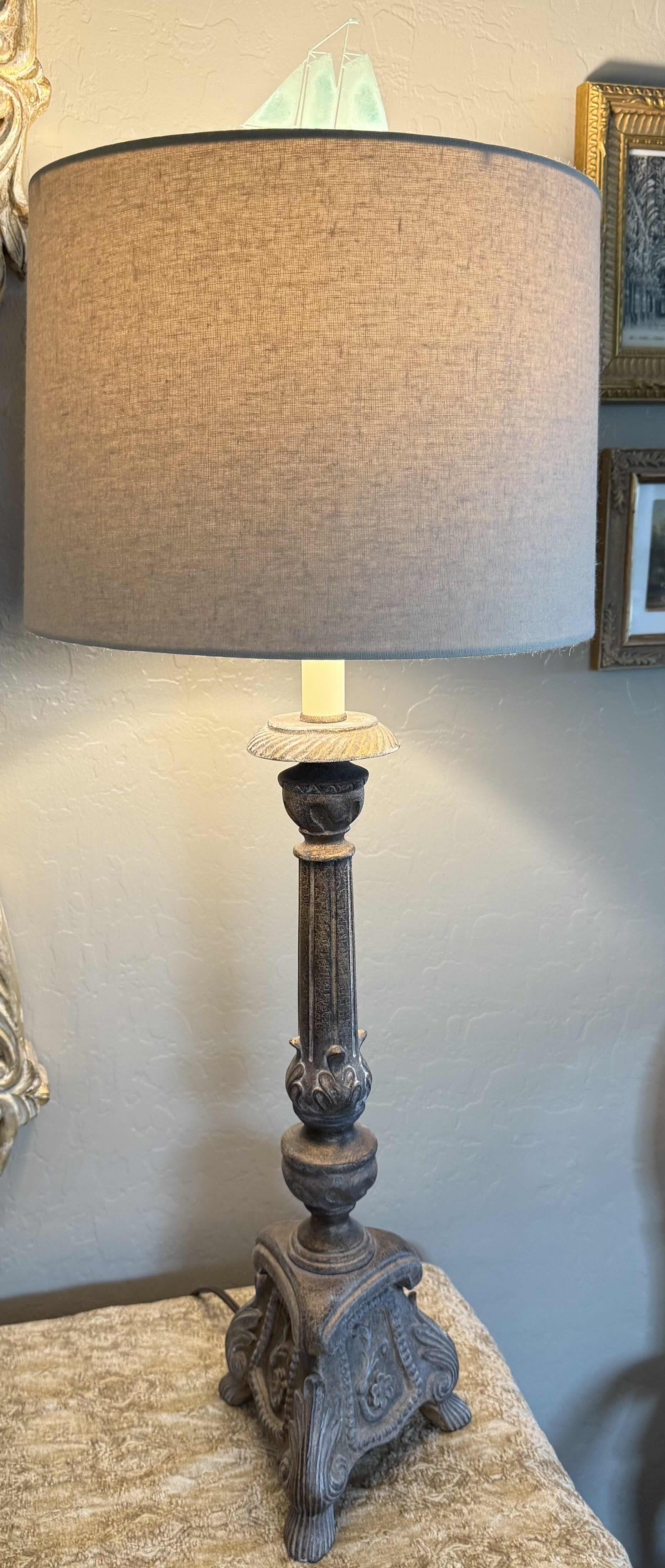 Photo 1 of HEAVY BRASS TABLE LAMP W SHADE & SAILBOAT TOP H34”