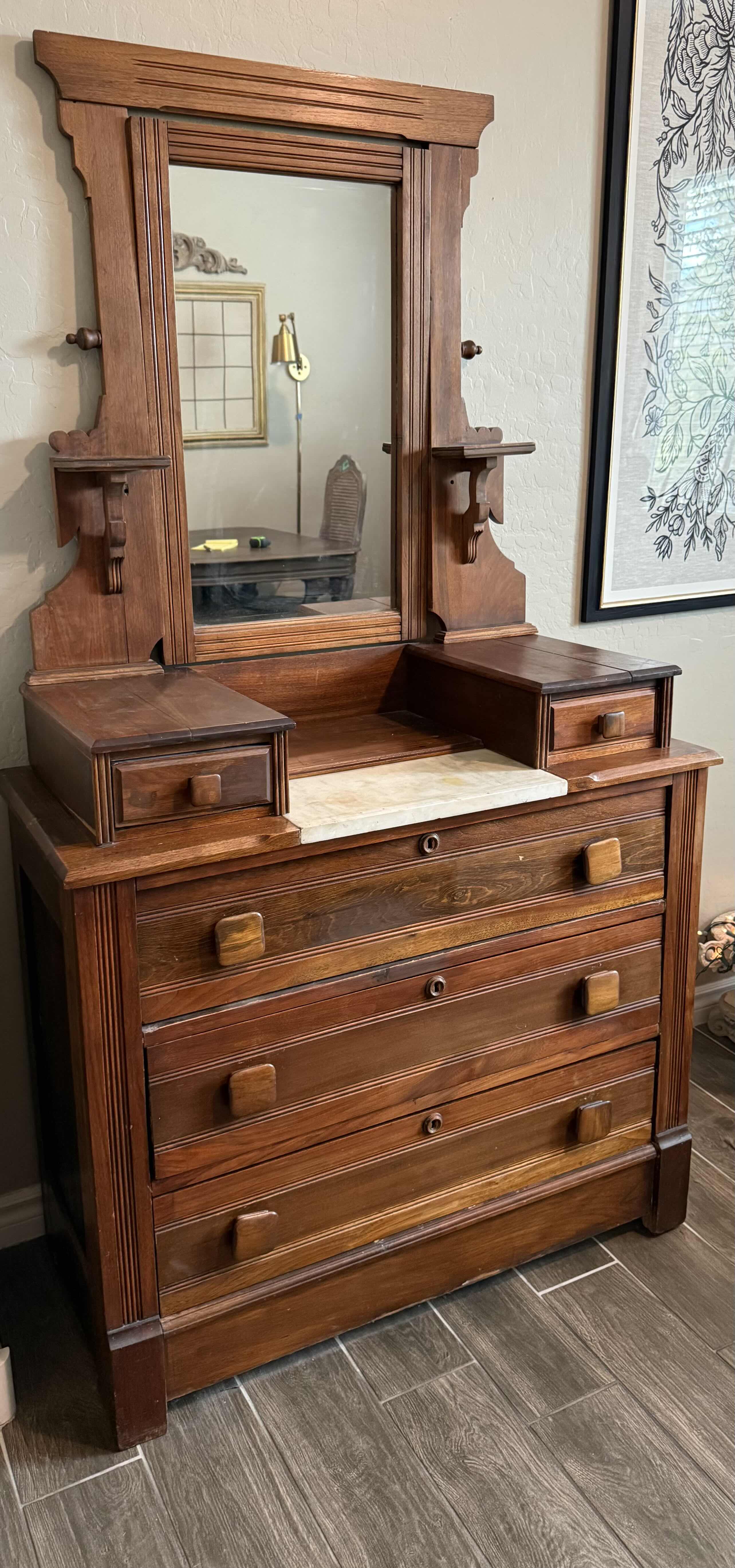 Photo 1 of ANTIQUE VICTORIAN EASTLAKE FARMHOUSE DRESSER W MIRROR & MARBLE TOP 40”x18” H70”