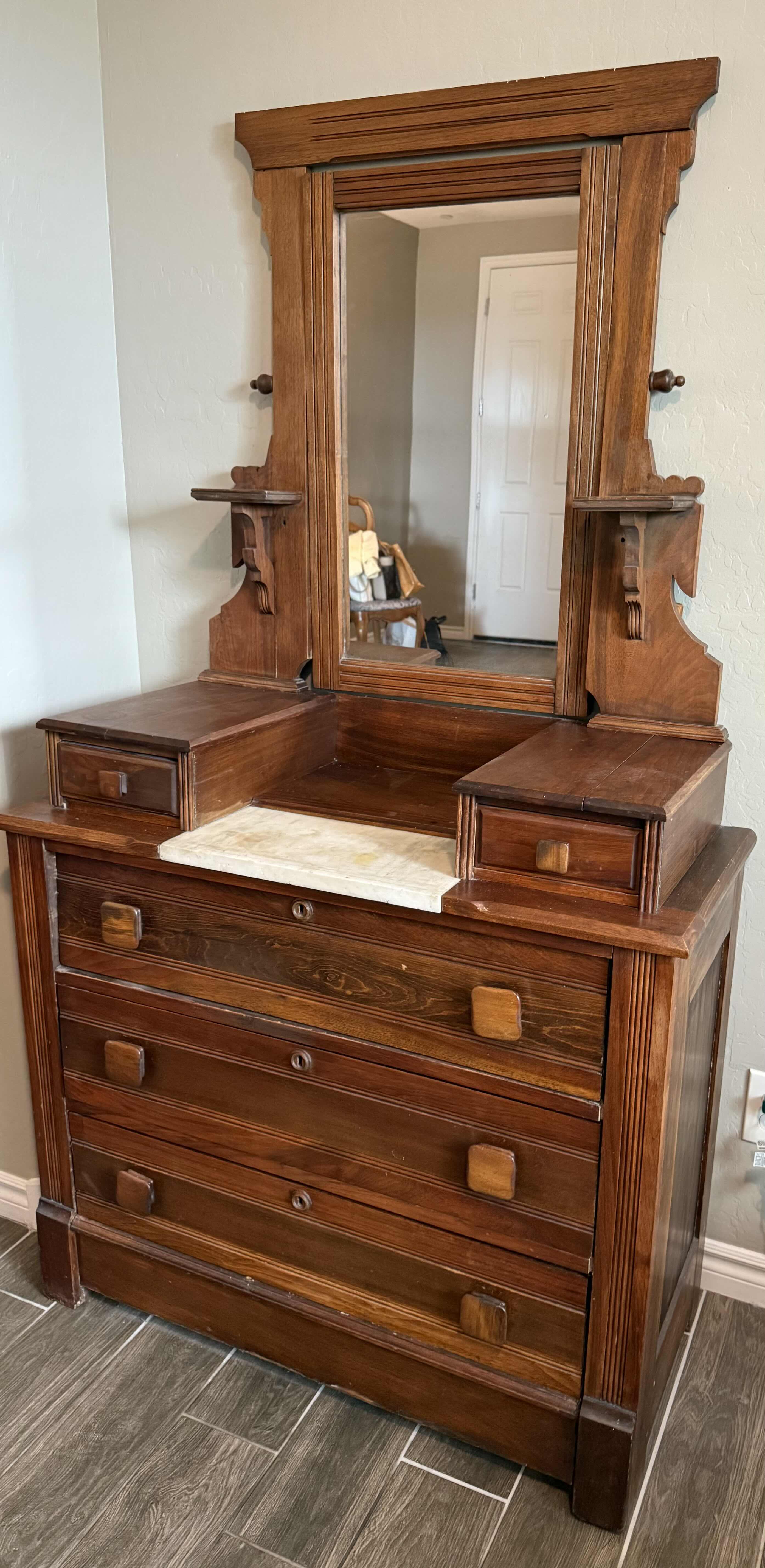 Photo 1 of ANTIQUE VICTORIAN EASTLAKE FARMHOUSE DRESSER W MIRROR & MARBLE TOP 40”x18” H70”