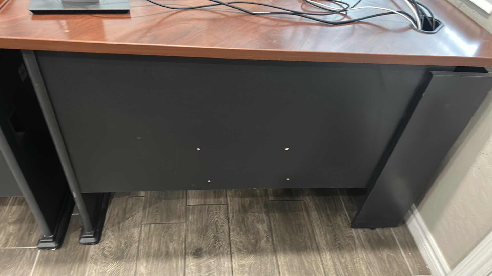 Photo 1 of BOWFRONT CHERRY FINISH TOP W BLACK BOTTOM L SHAPE OFFICE DESK 78"X 58"