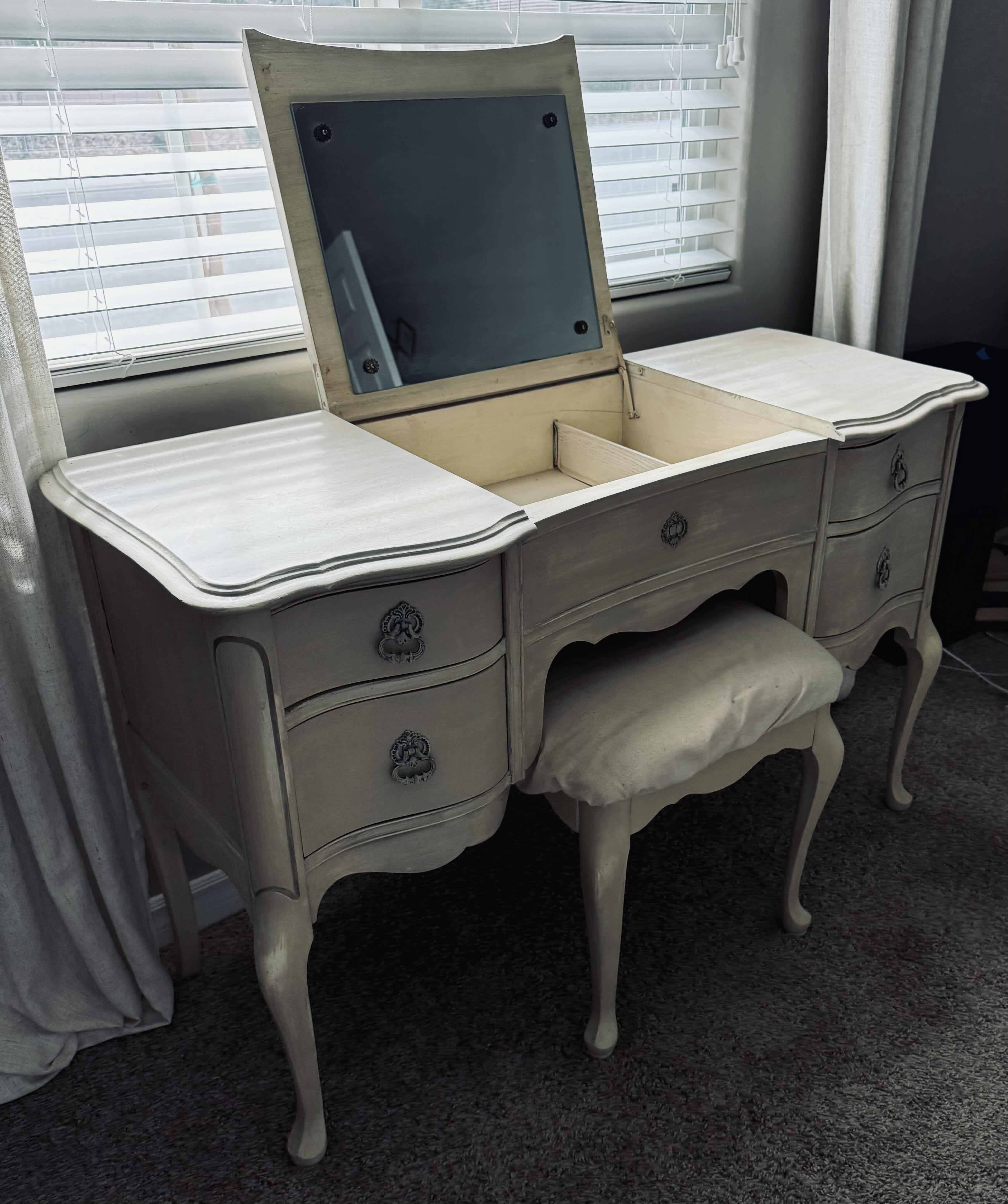 Photo 1 of ANTIQUED WHITE WOOD MAKEUP VANITY W STOOL 47”x19” H30”